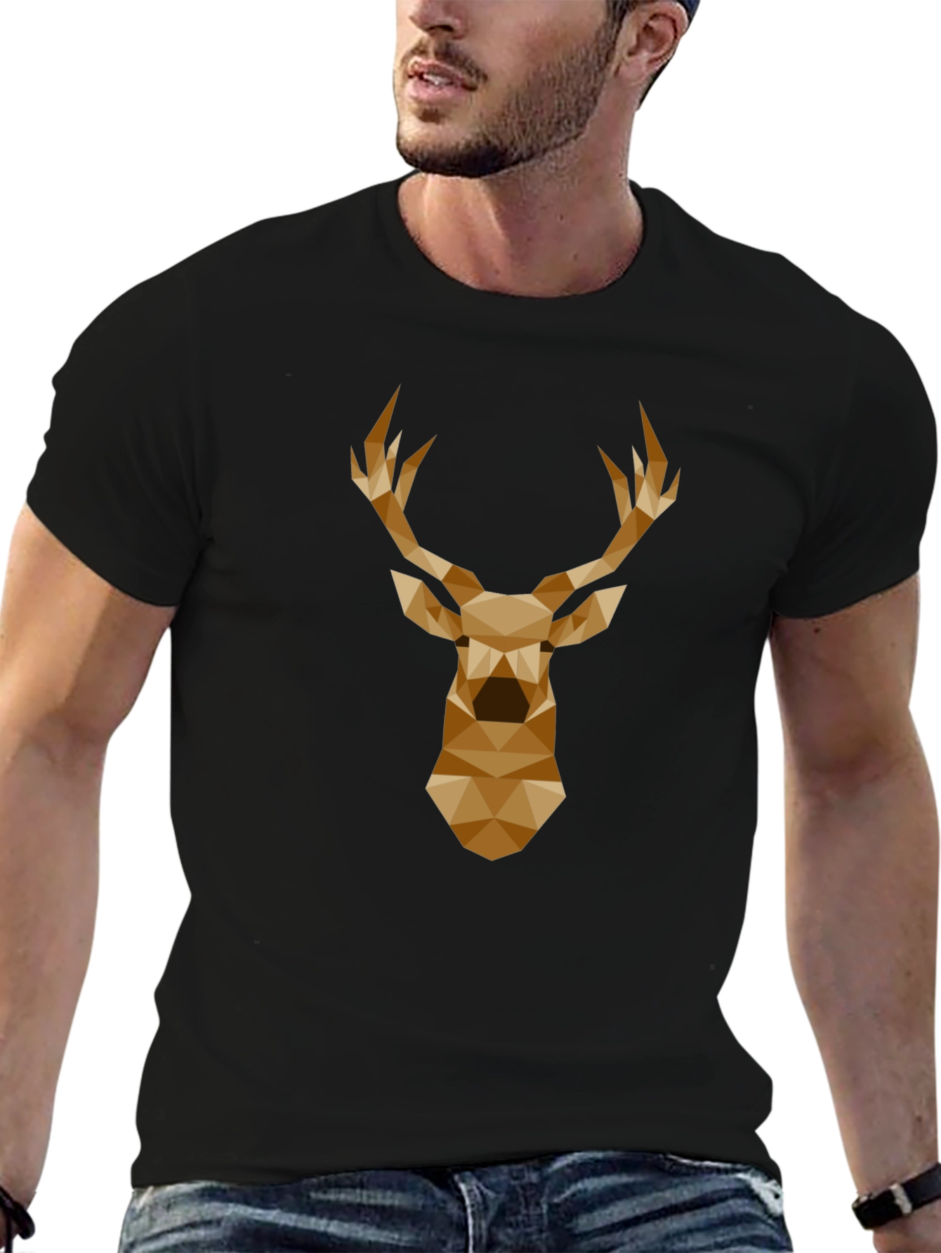 Geometric Deer Head Graphic Tee - Black