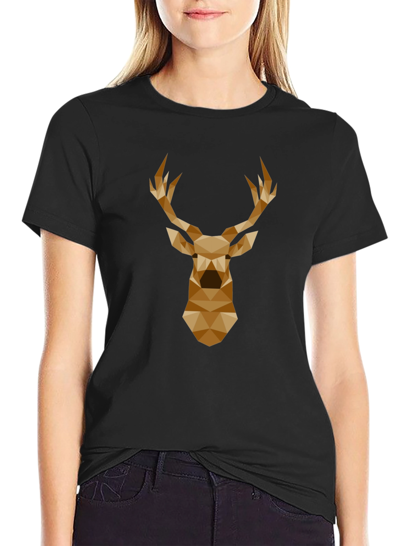 Geometric Deer Head Graphic Tee - Black