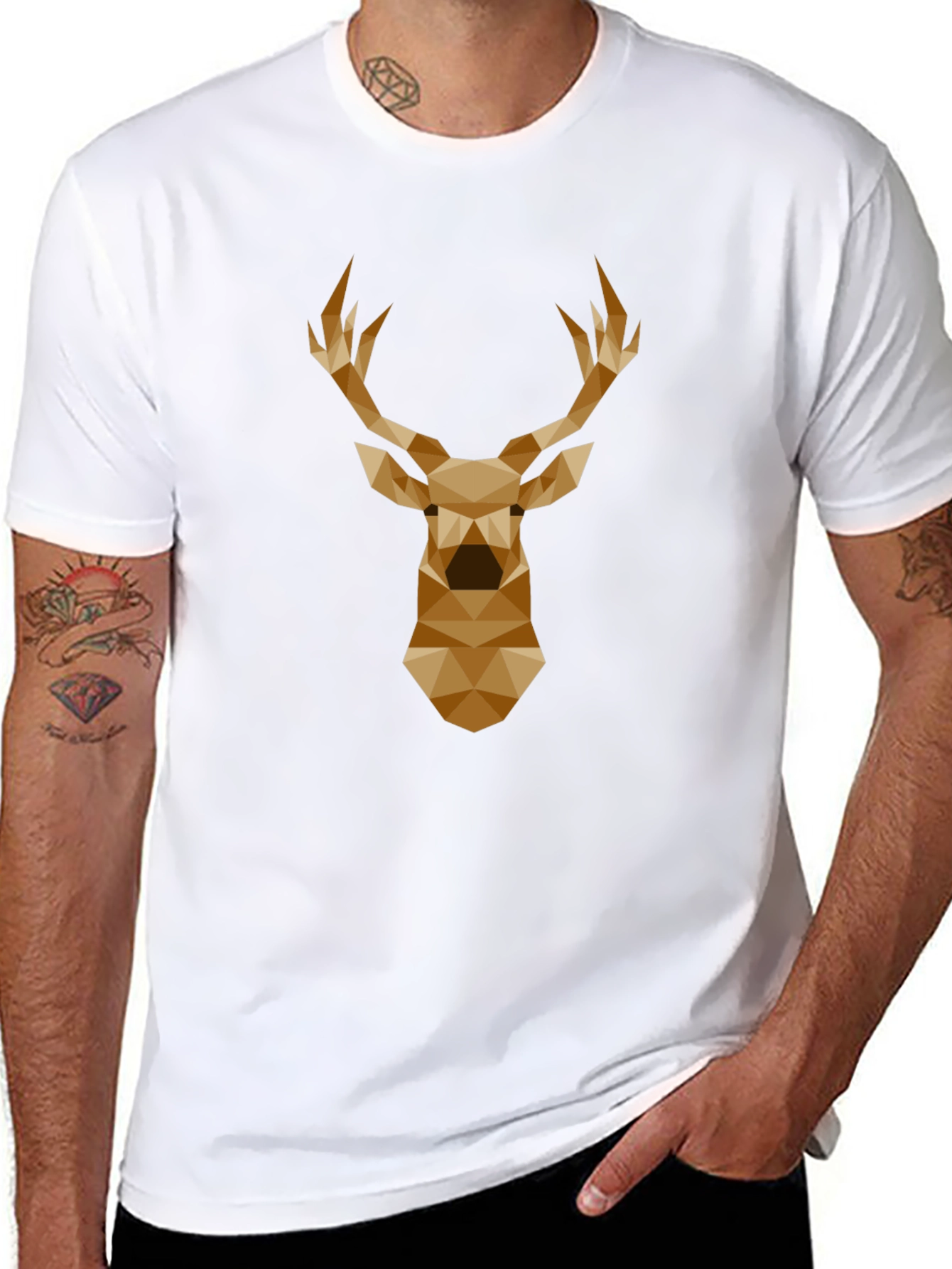 Geometric Deer Head Graphic Tee - Black