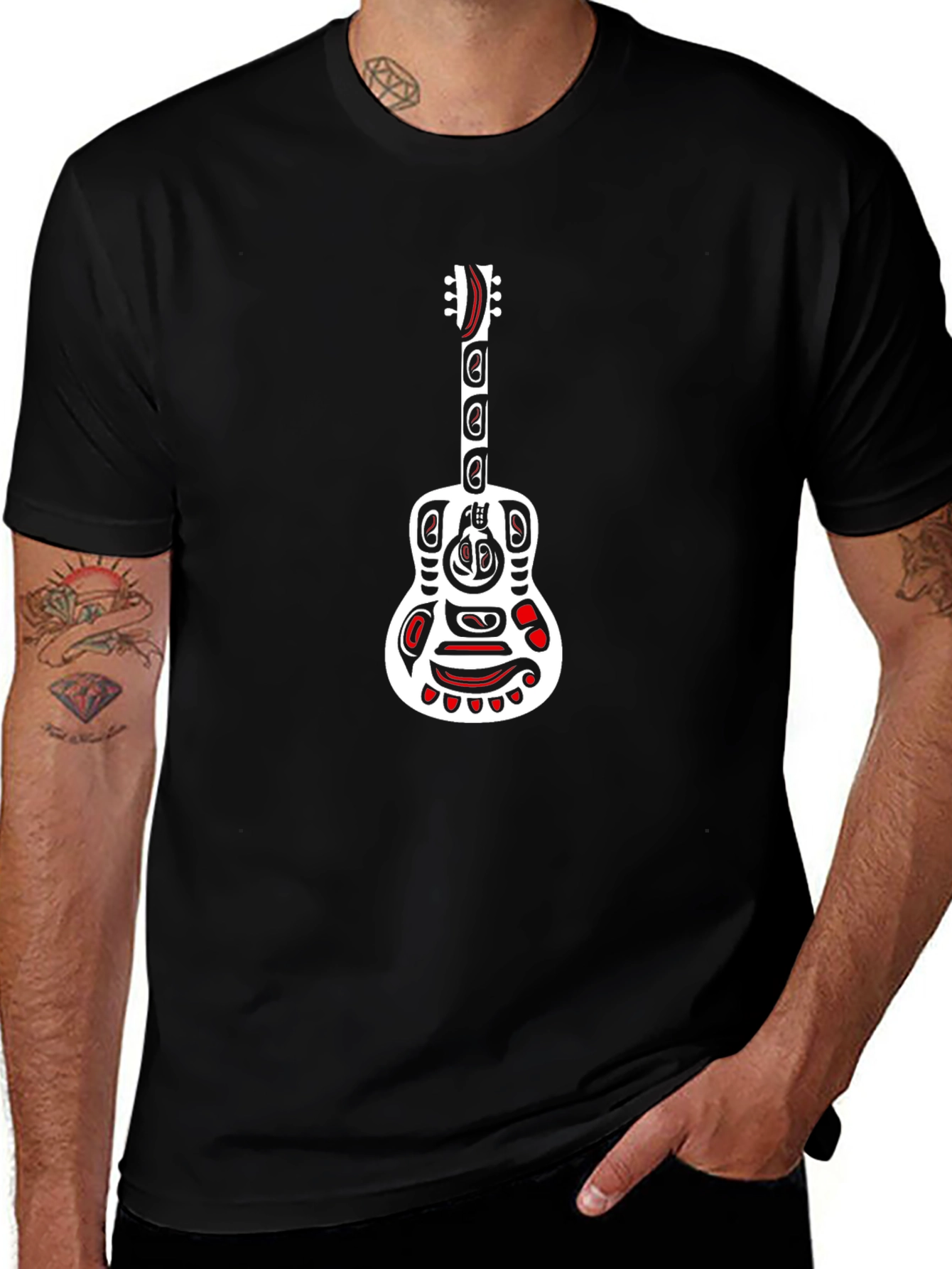 Tribal Guitar Graphic Black T-Shirt