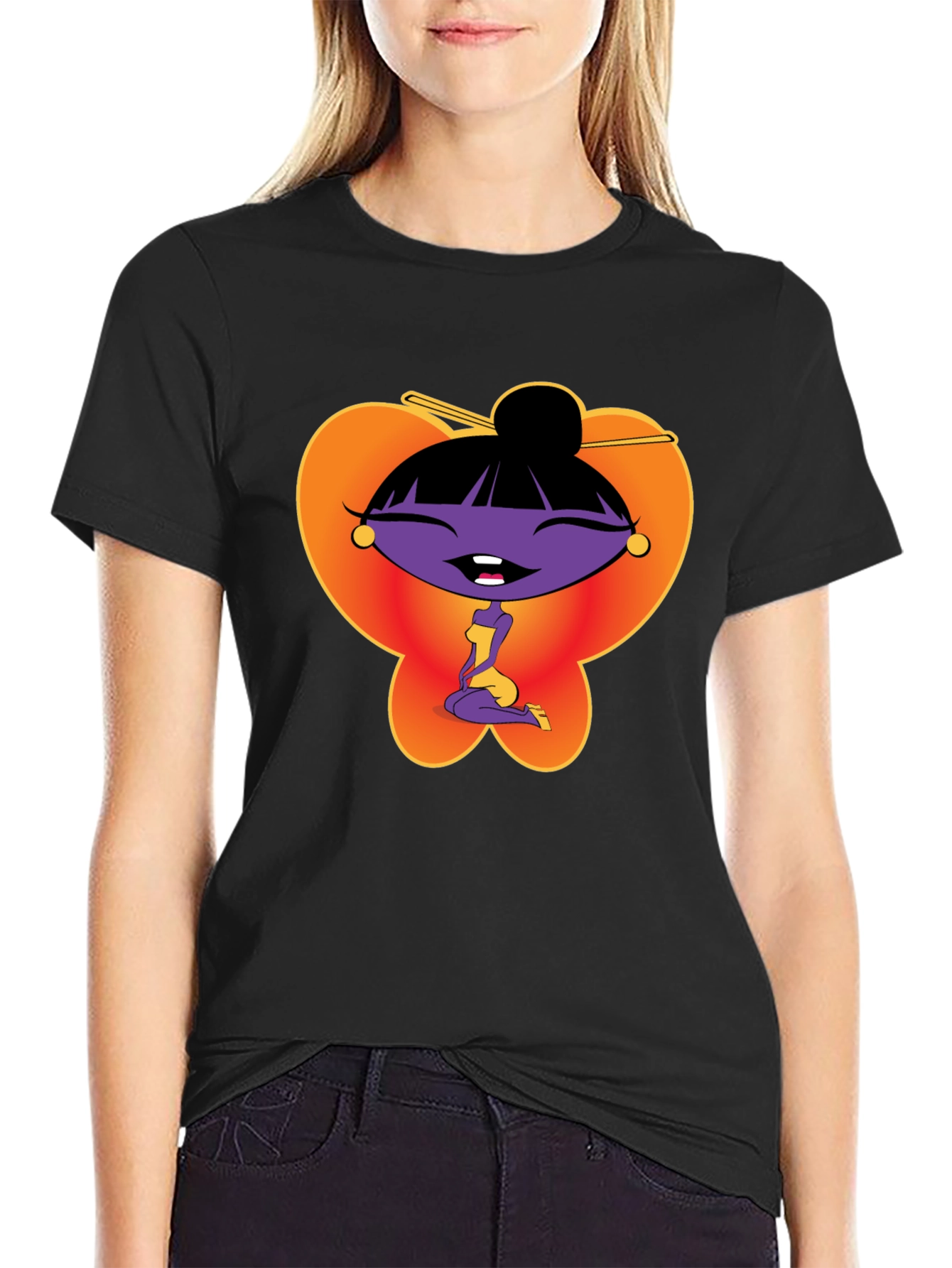 Cartoon Girl Graphic Tee - Black