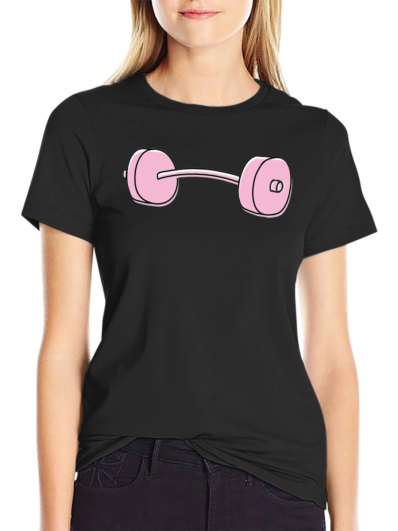 Pink Dumbbell Graphic Tee - Black Cotton T-Shirt