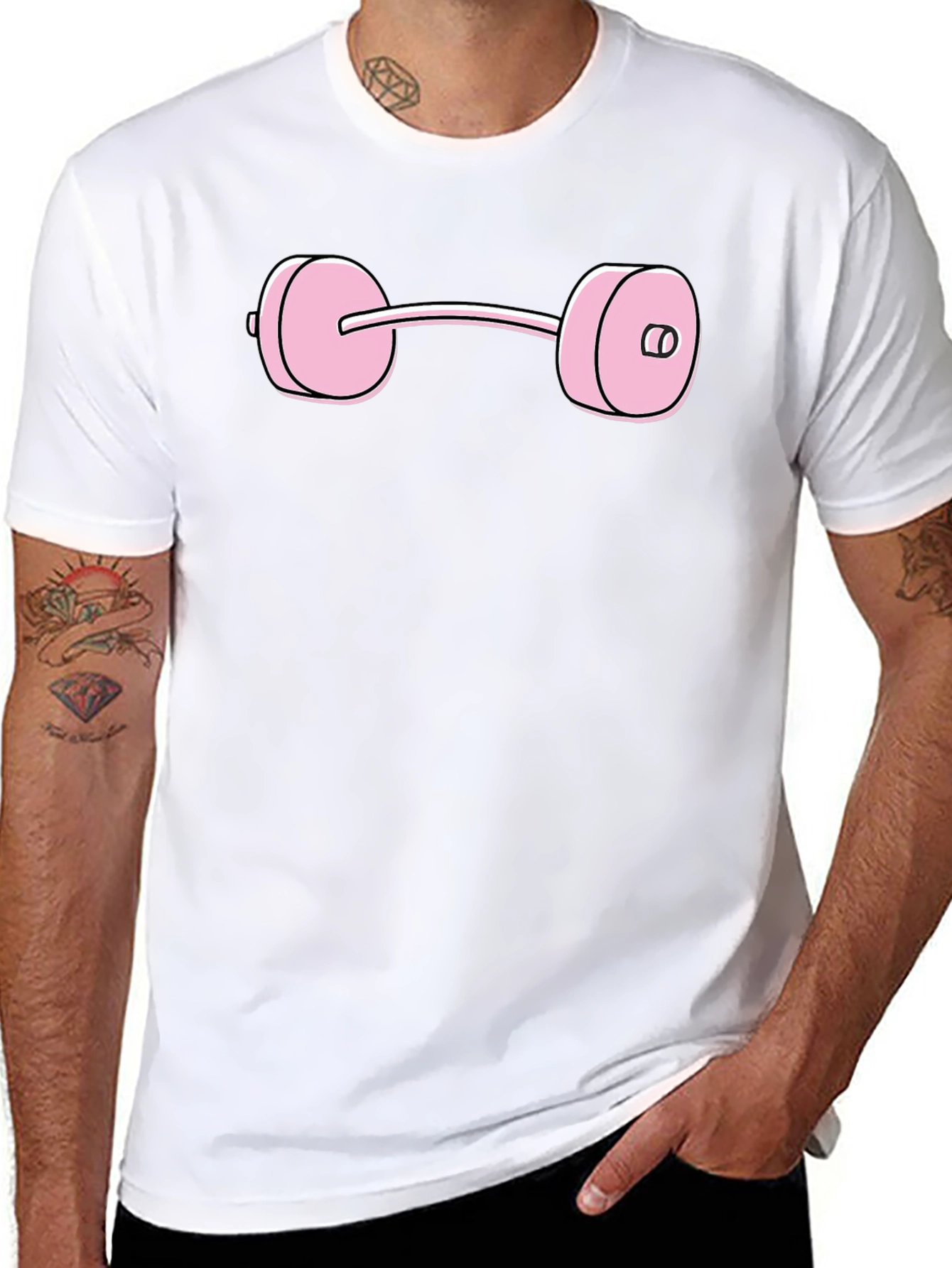 Pink Dumbbell Graphic Tee - Black Cotton T-Shirt