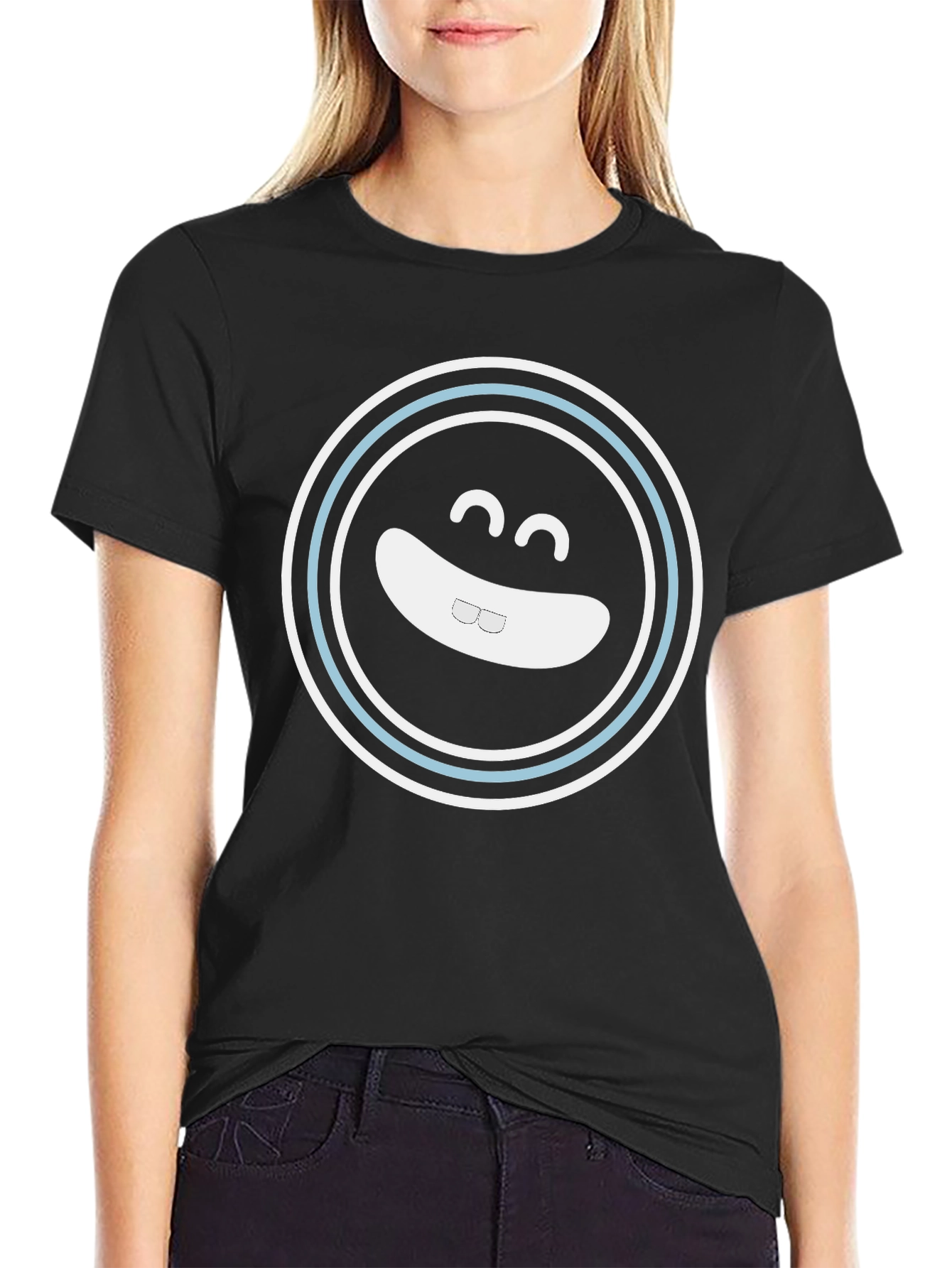 Smiling Face Graphic Tee - Black Cotton Blend Shirt