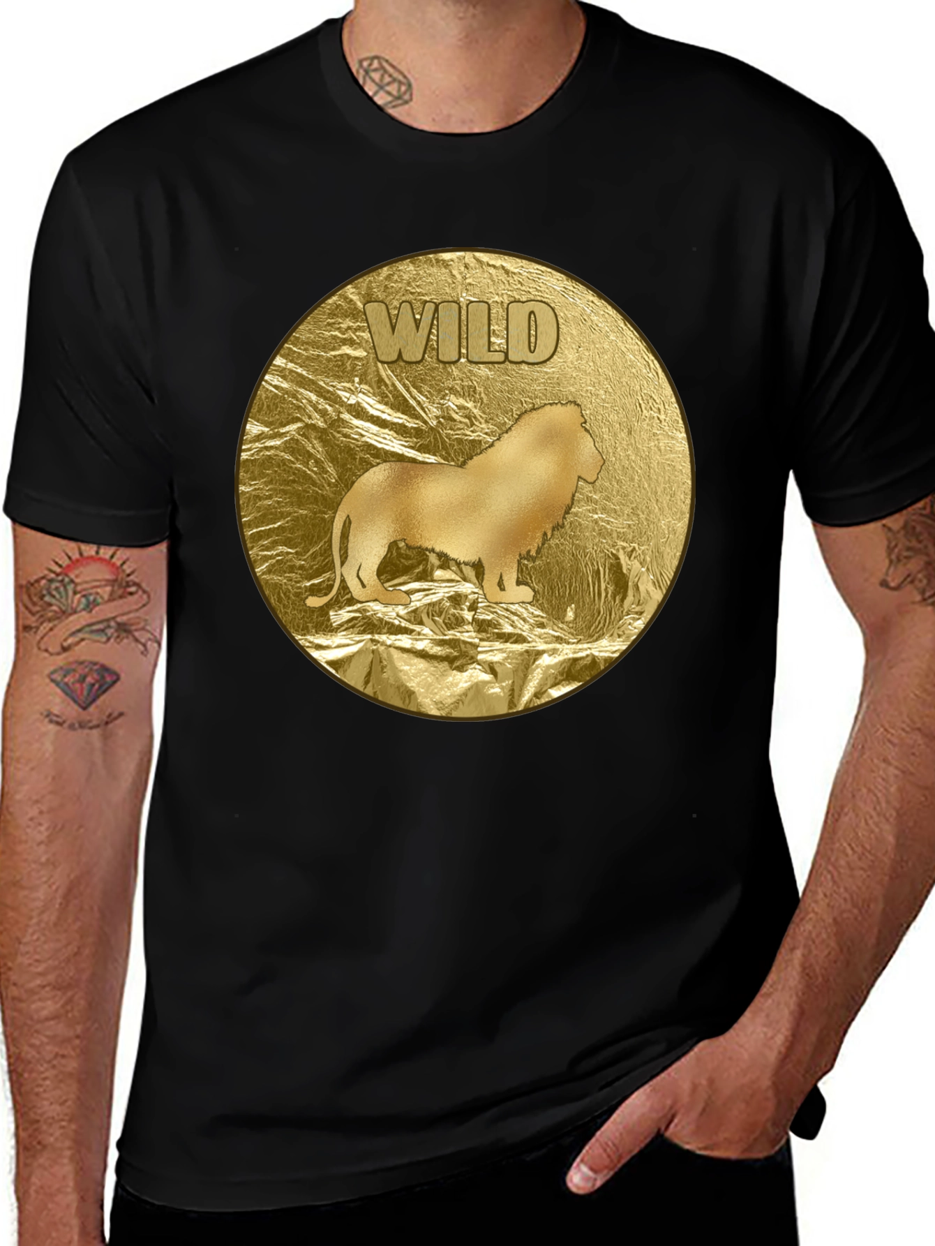 Wild Lion Graphic Tee - Gold Animal Print T-Shirt