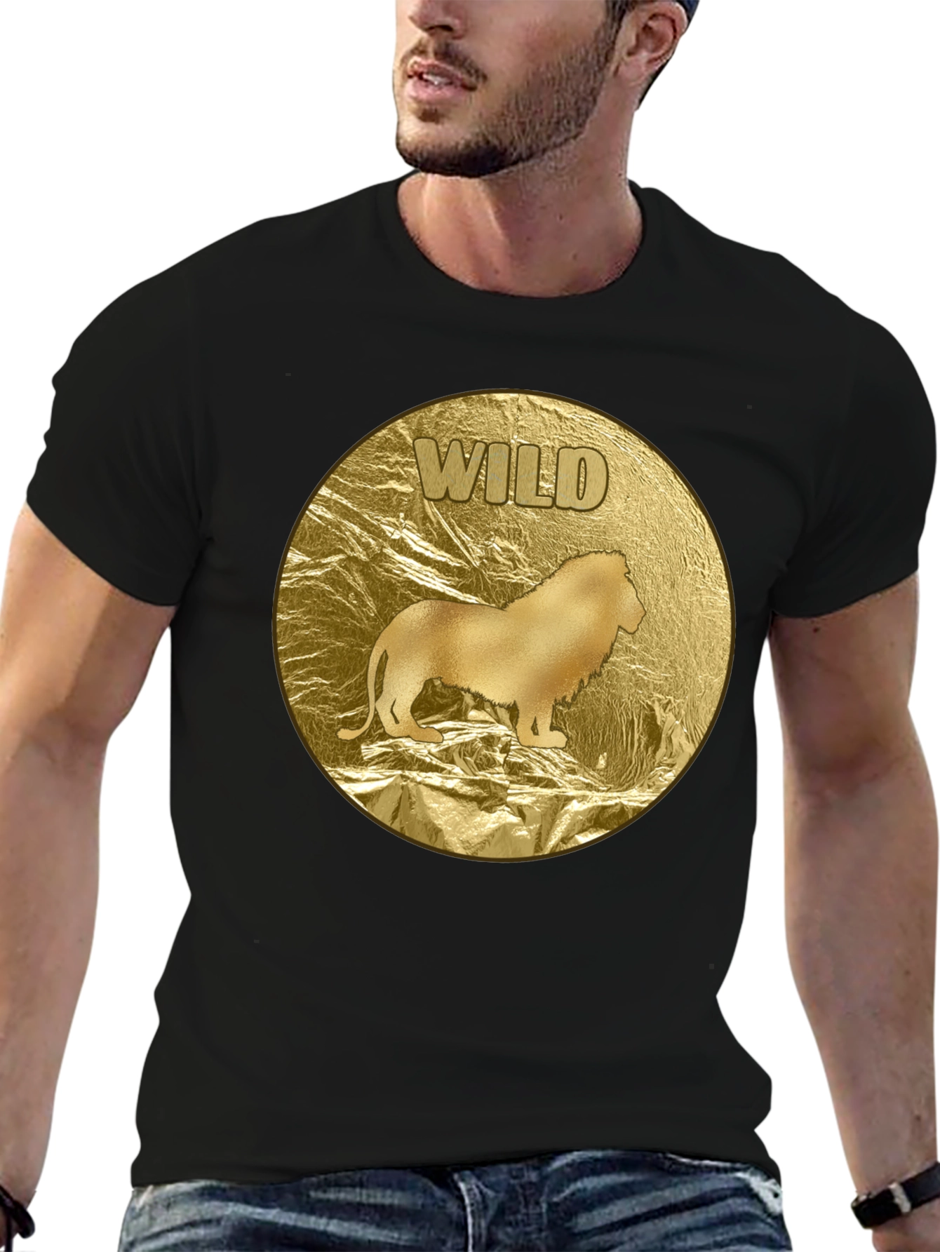 Wild Lion Graphic Tee - Gold Animal Print T-Shirt