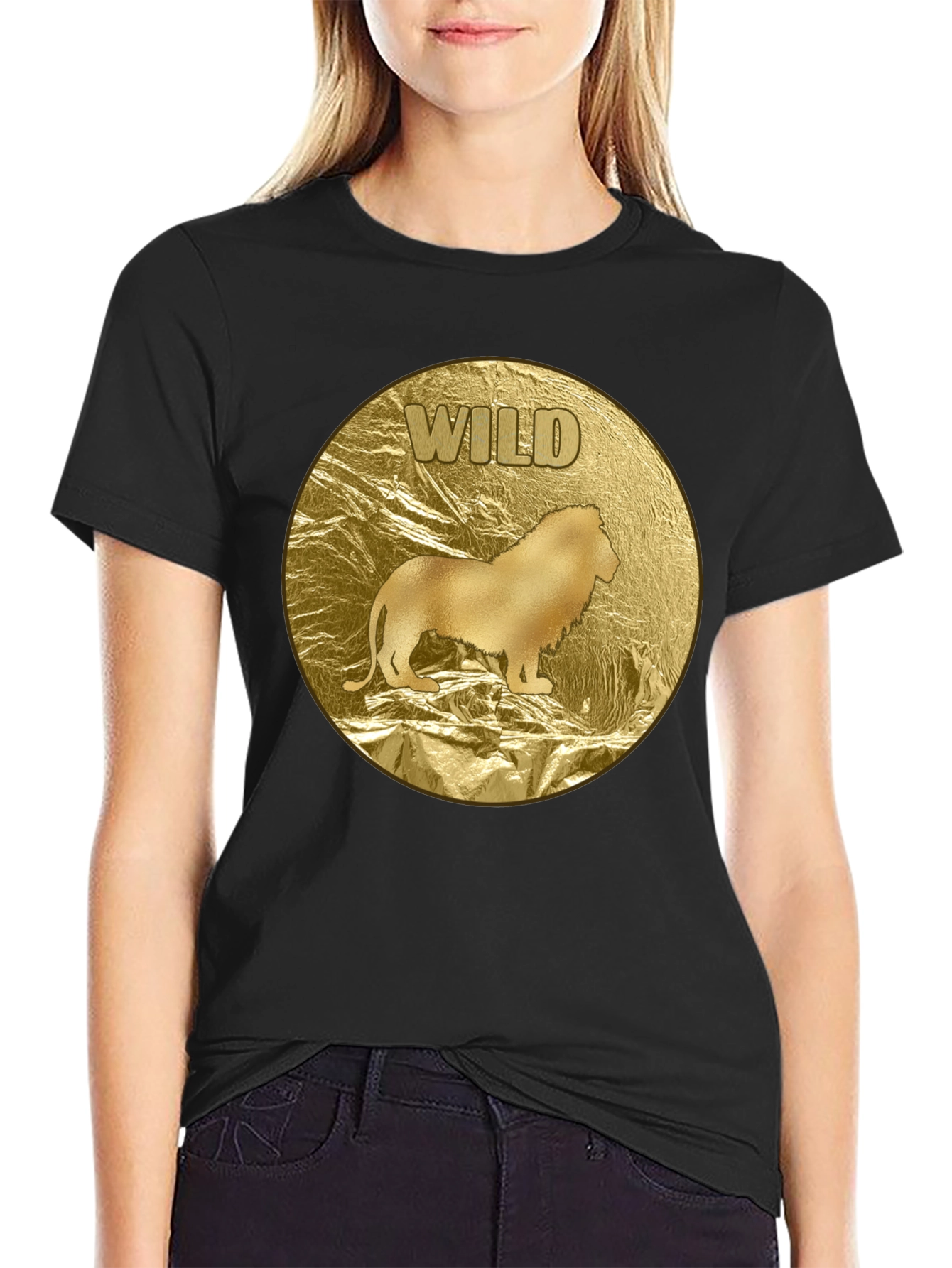 Wild Lion Graphic Tee - Gold Animal Print T-Shirt