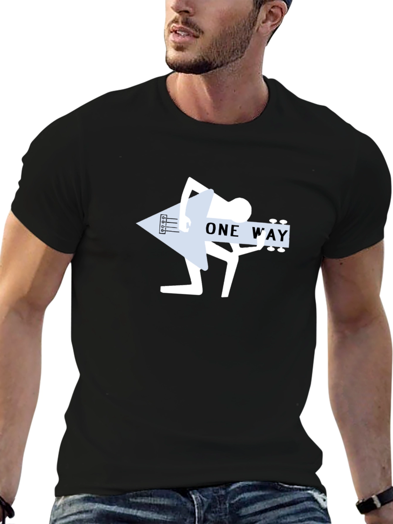 One Way Guitar Player Black T-Shirt