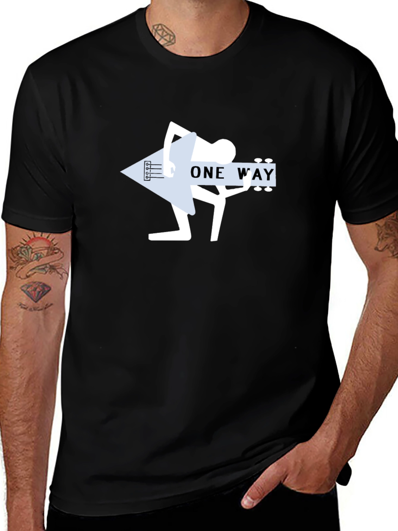 One Way Guitar Player Black T-Shirt