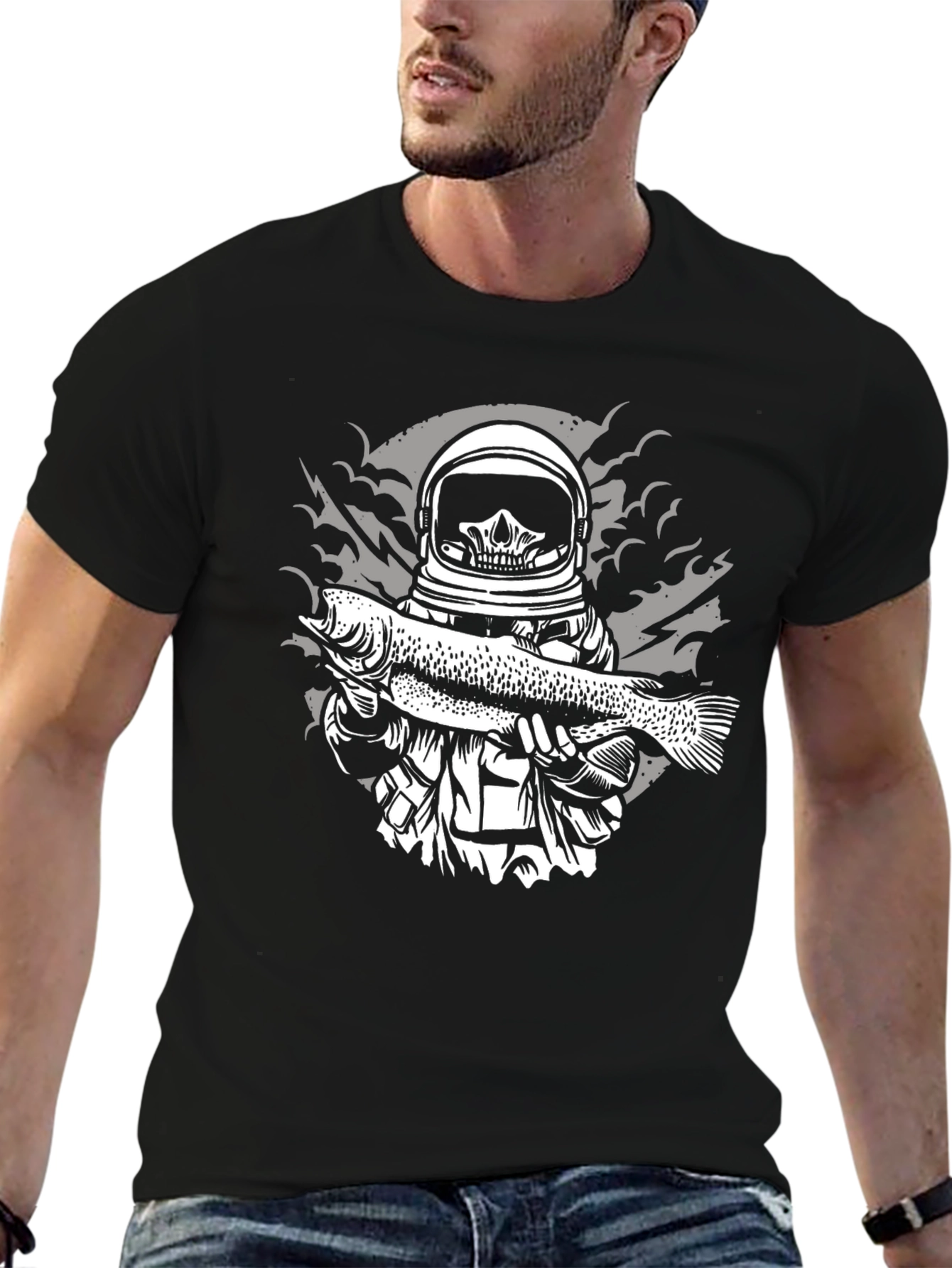 Astronaut Skeleton Fish Graphic Tee - Black