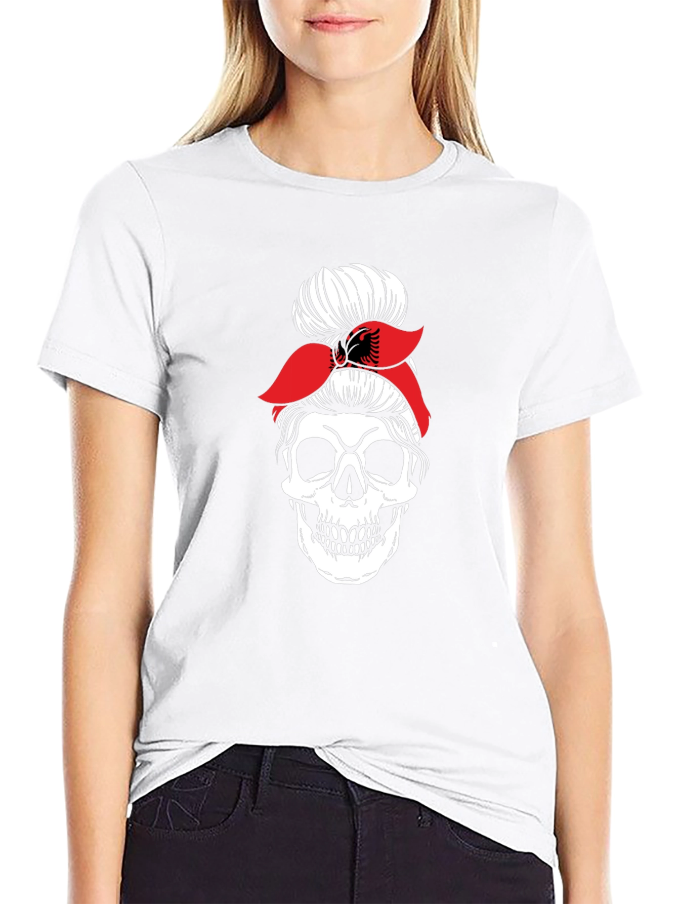Skull Messy Bun T-Shirt - Albanian Flag Headband