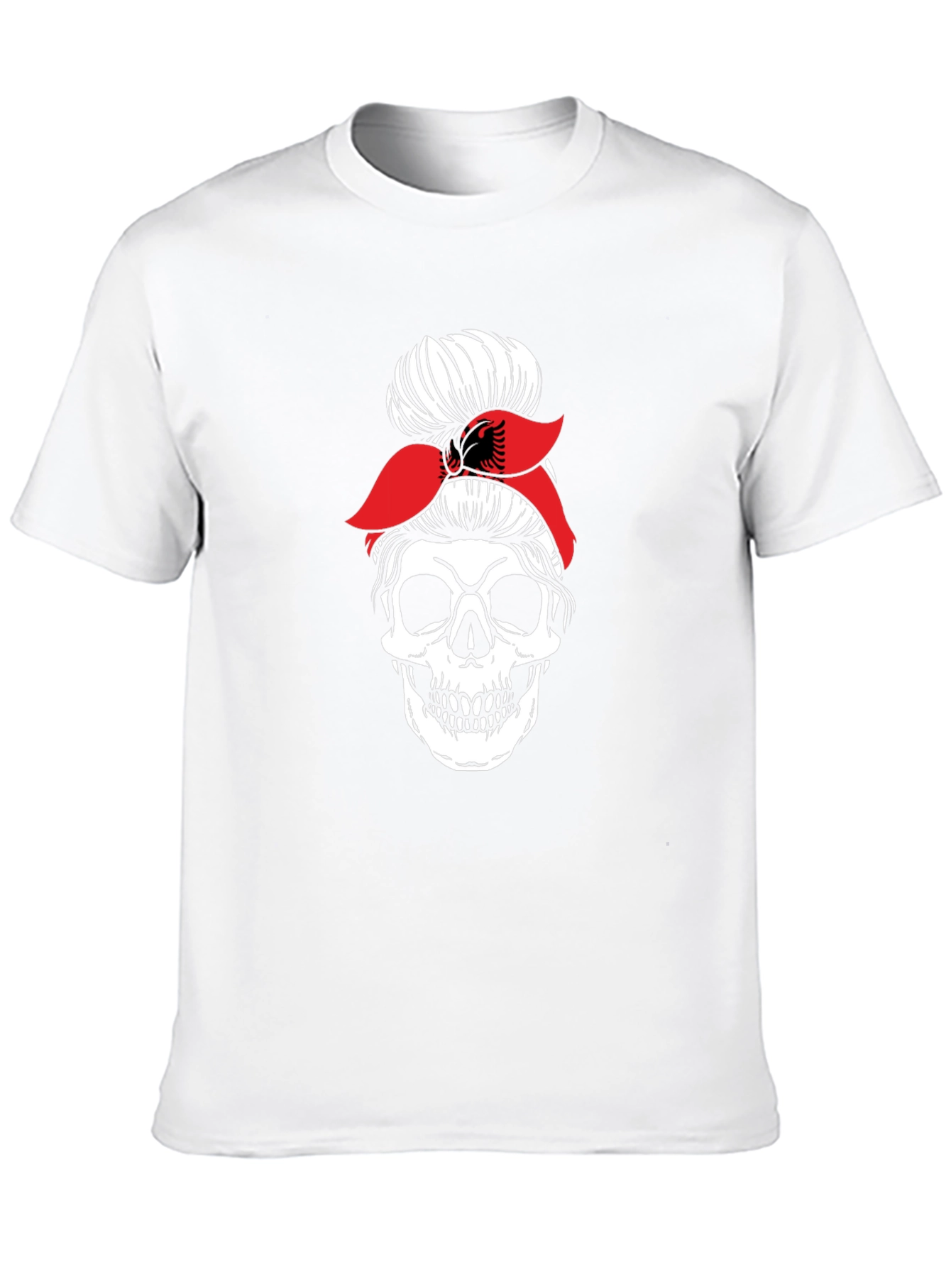 Skull Messy Bun T-Shirt - Albanian Flag Headband