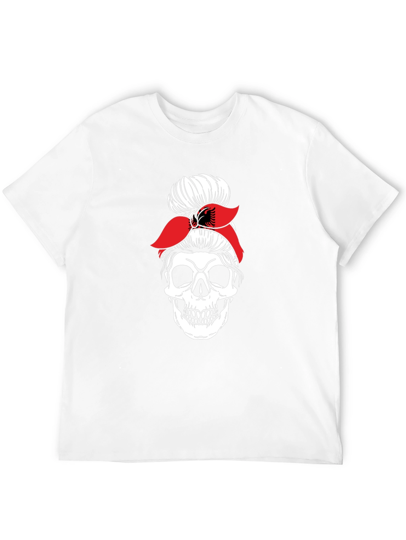Skull Messy Bun T-Shirt - Albanian Flag Headband
