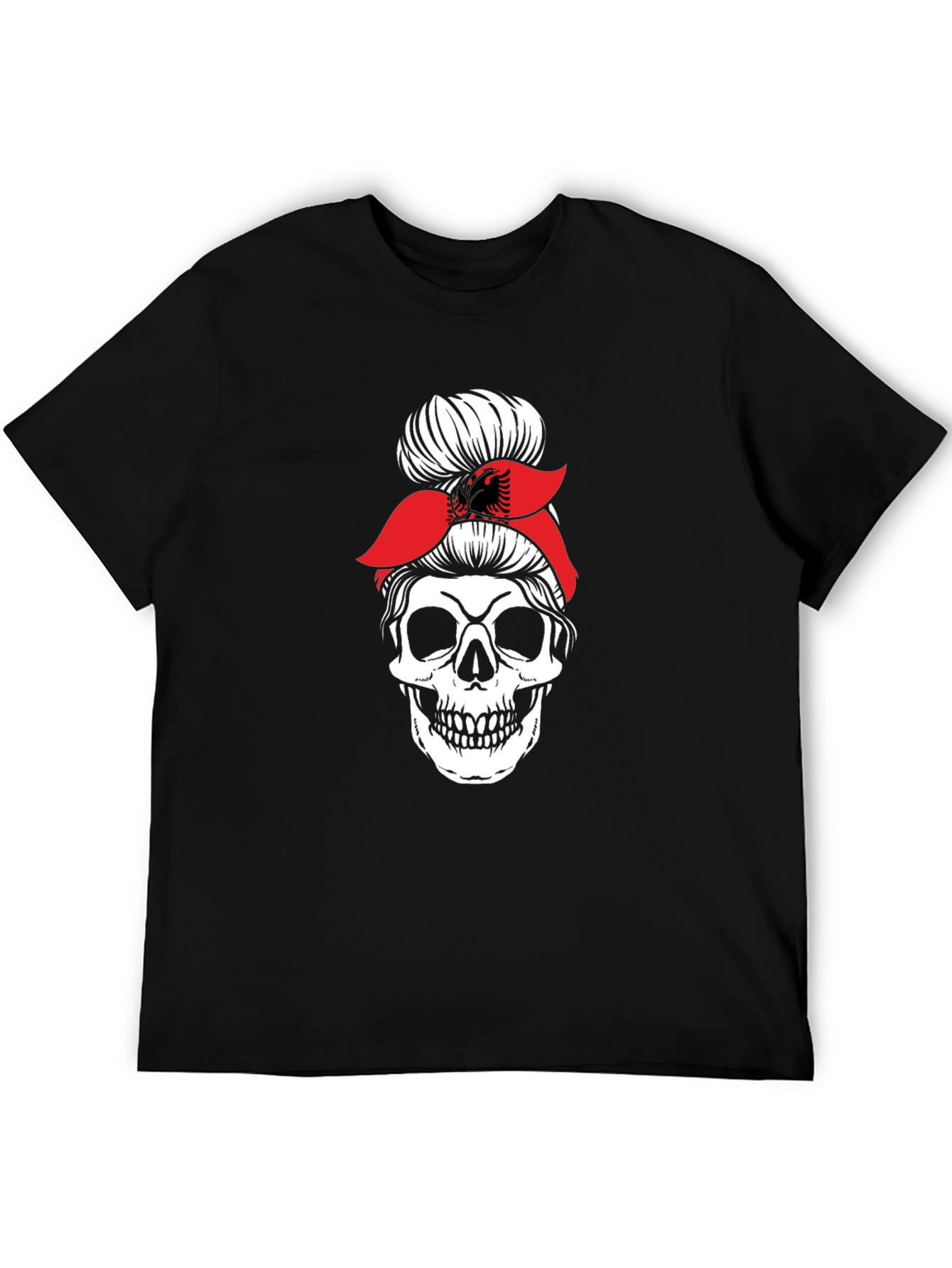 Skull Messy Bun T-Shirt - Albanian Flag Headband
