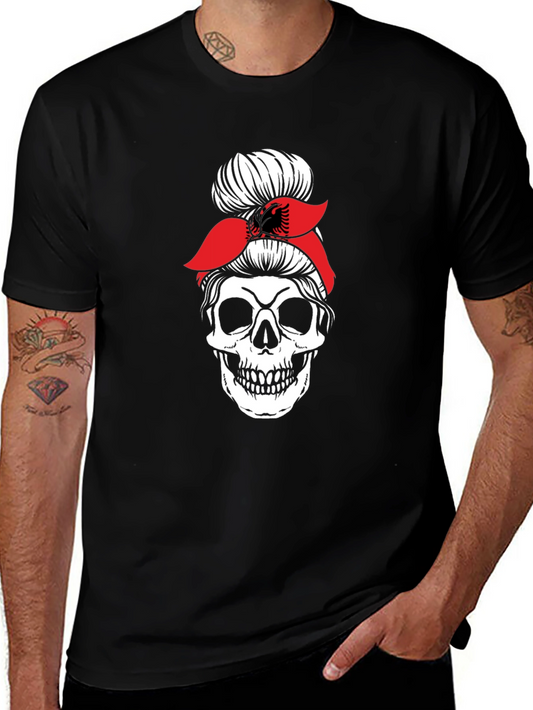 Skull Messy Bun T-Shirt - Albanian Flag Headband
