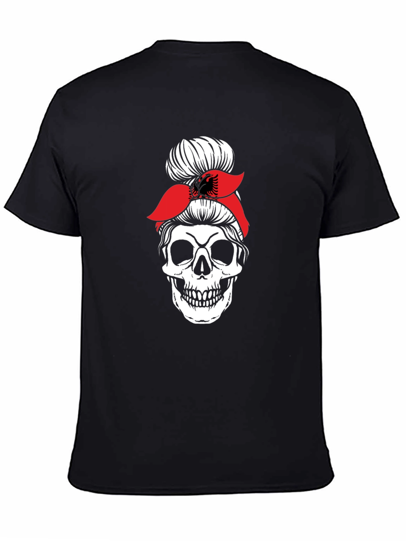 Skull Messy Bun T-Shirt - Albanian Flag Headband