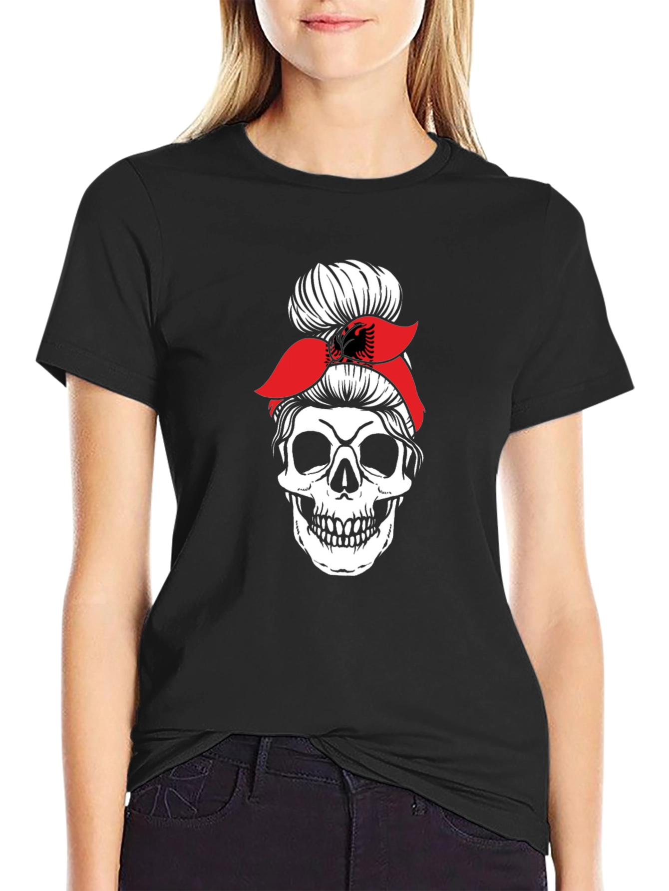 Skull Messy Bun T-Shirt - Albanian Flag Headband