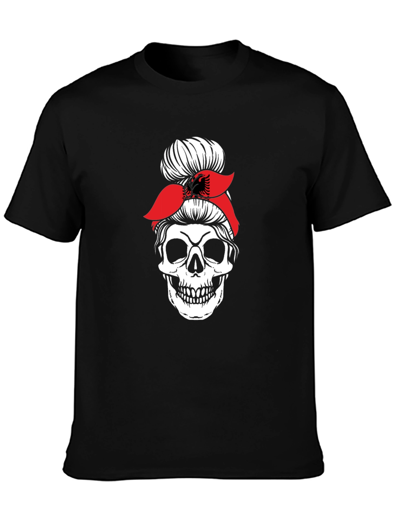 Skull Messy Bun T-Shirt - Albanian Flag Headband
