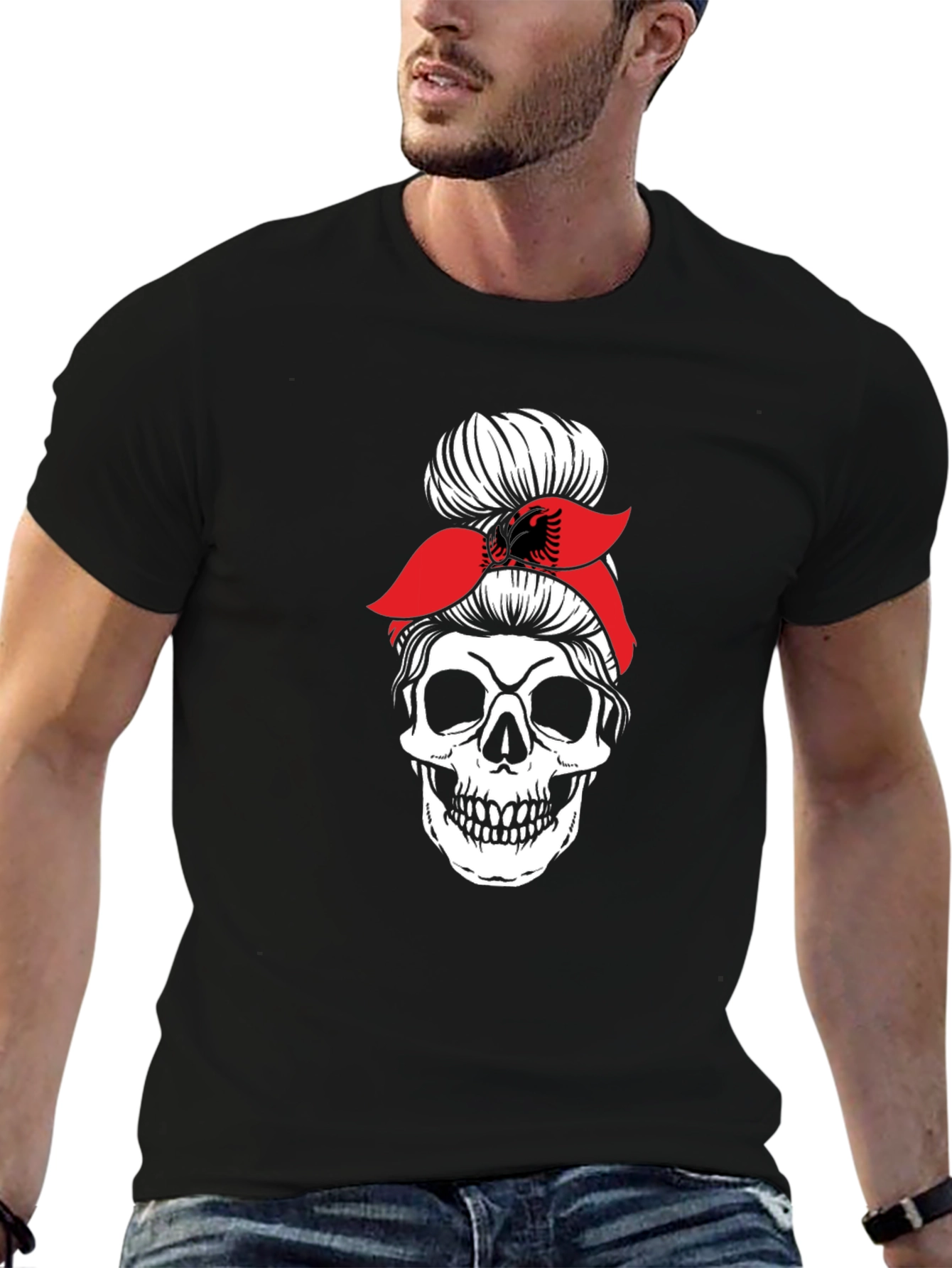 Skull Messy Bun T-Shirt - Albanian Flag Headband