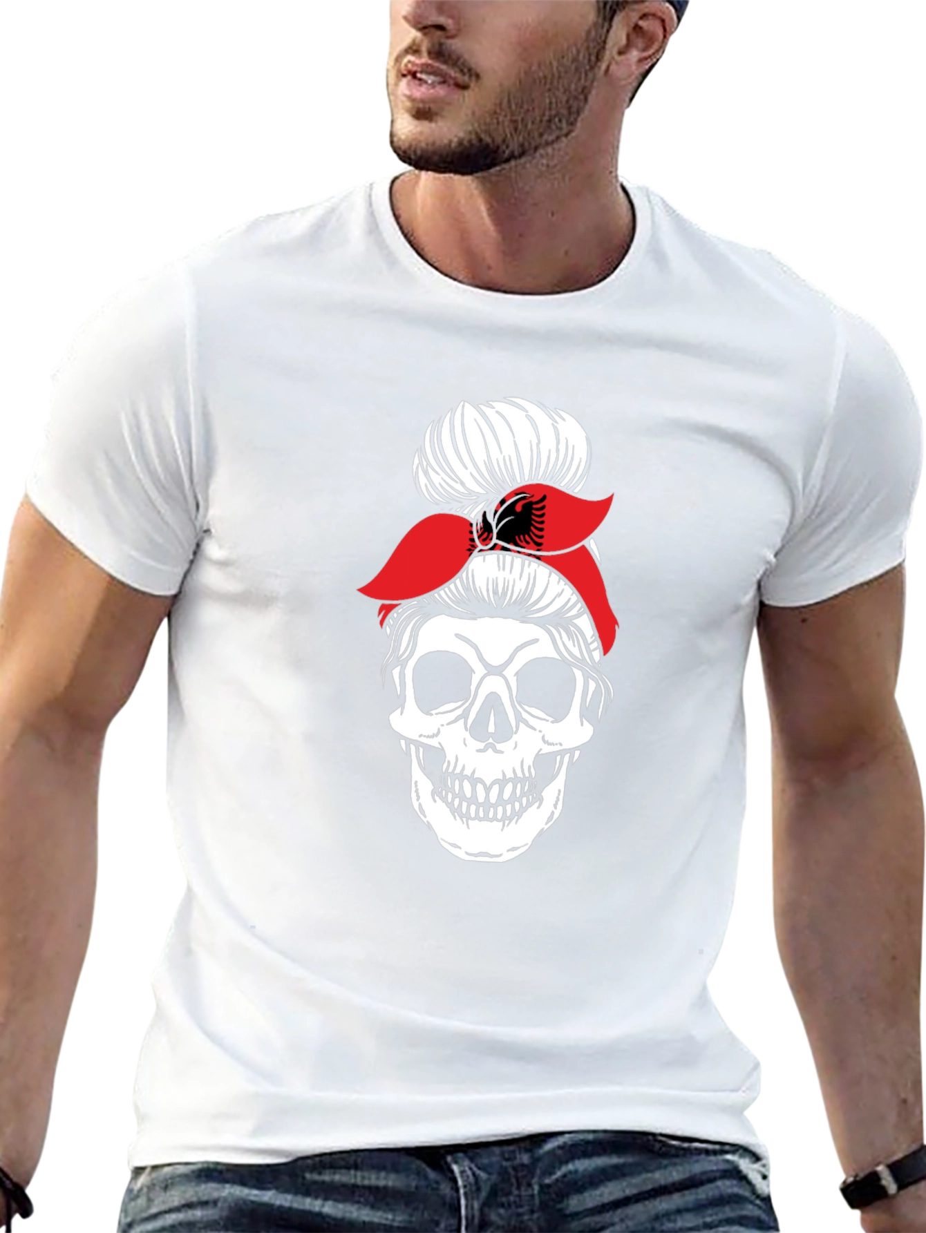 Skull Messy Bun T-Shirt - Albanian Flag Headband