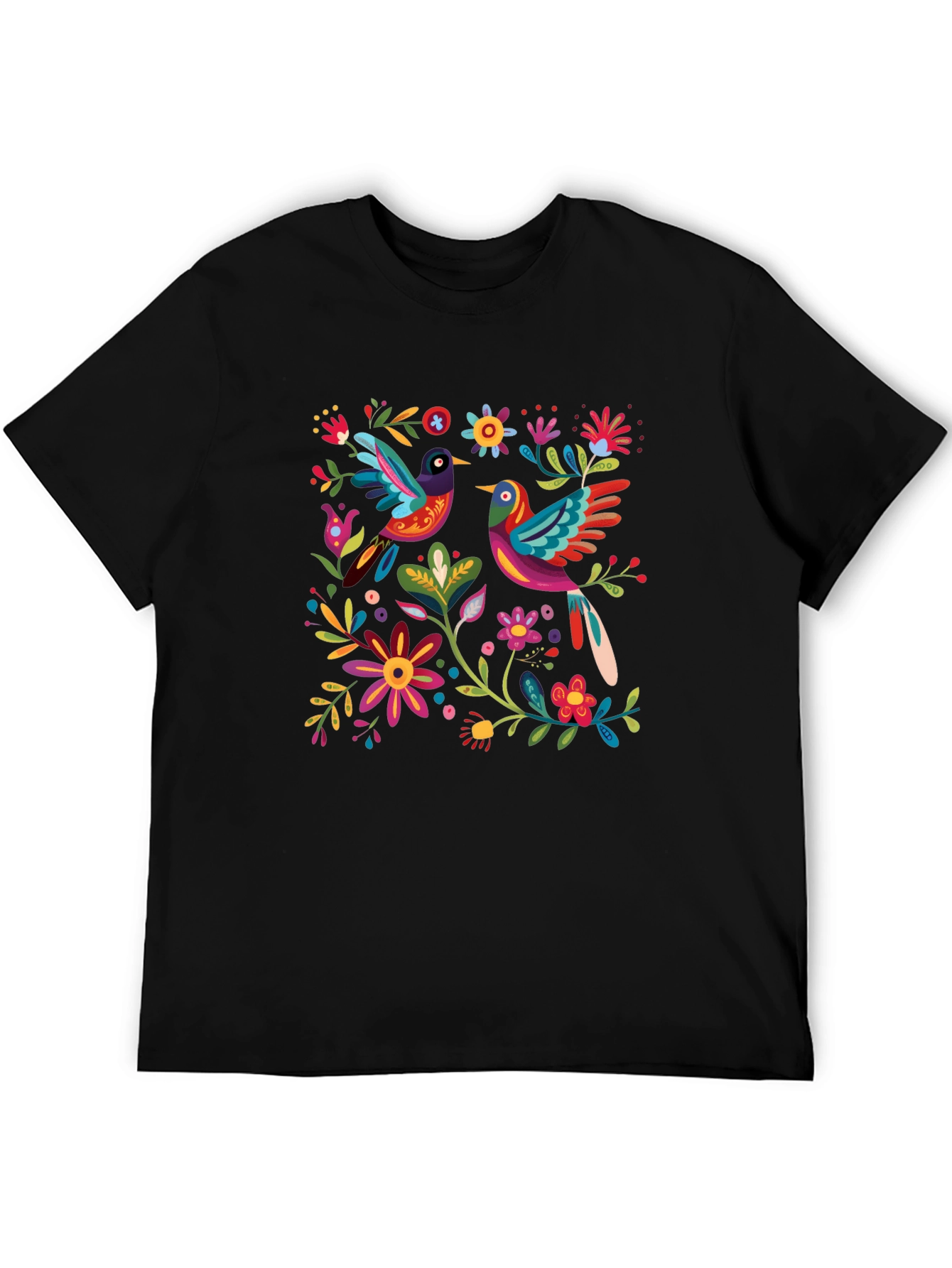 Floral Birds Graphic Tee - Black Cotton T-Shirt