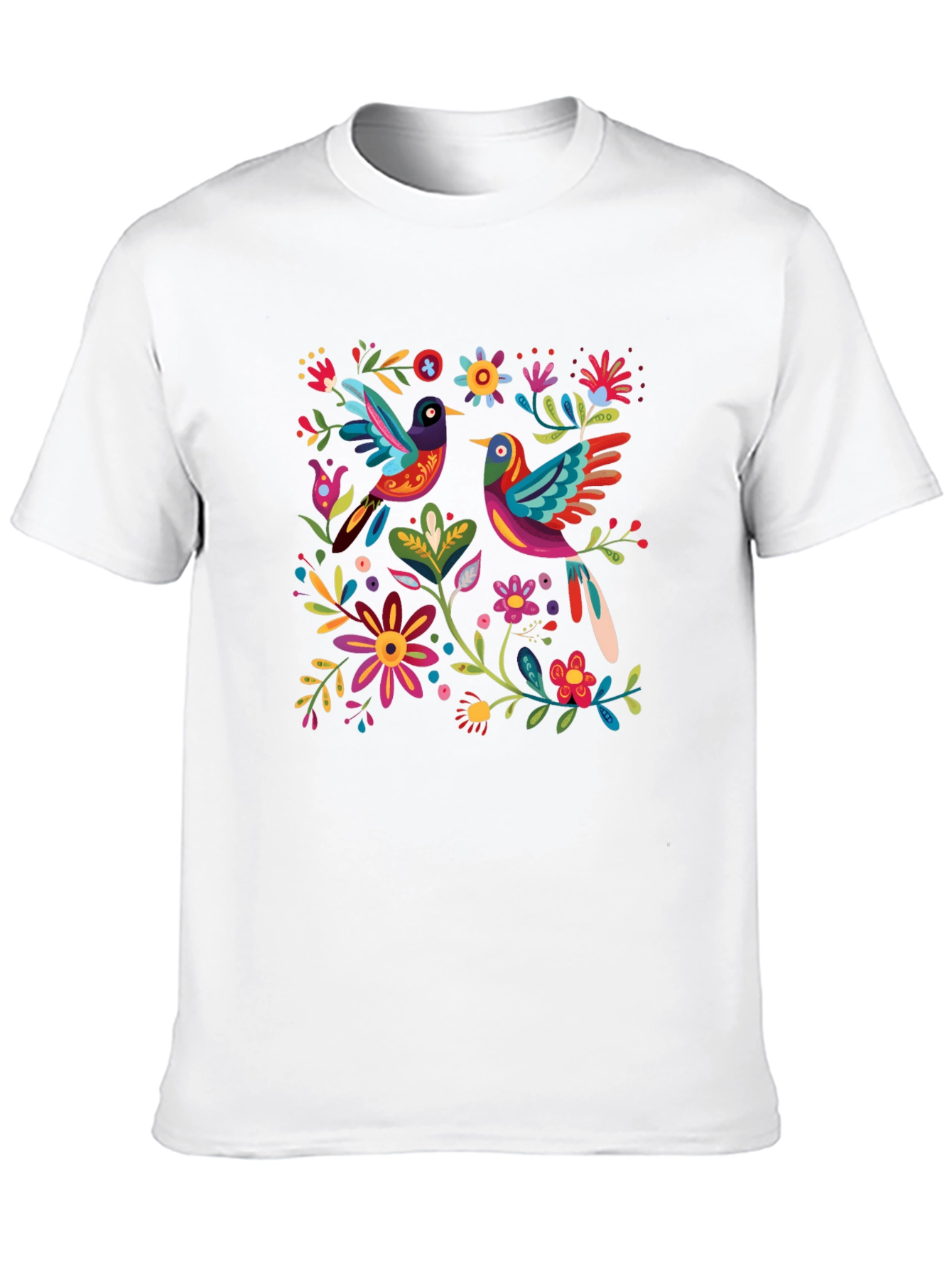 Floral Birds Graphic Tee - Black Cotton T-Shirt