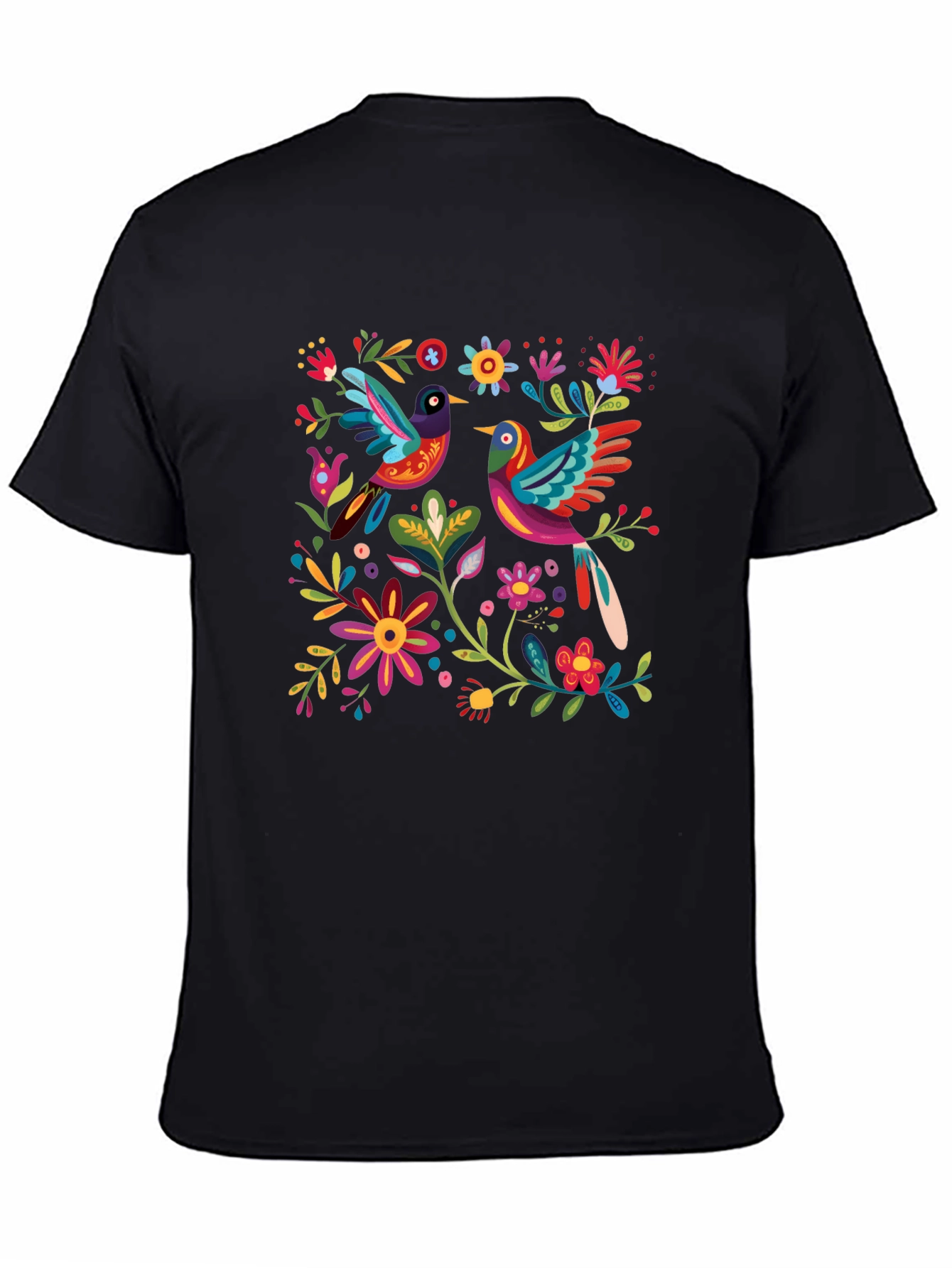 Floral Birds Graphic Tee - Black Cotton T-Shirt