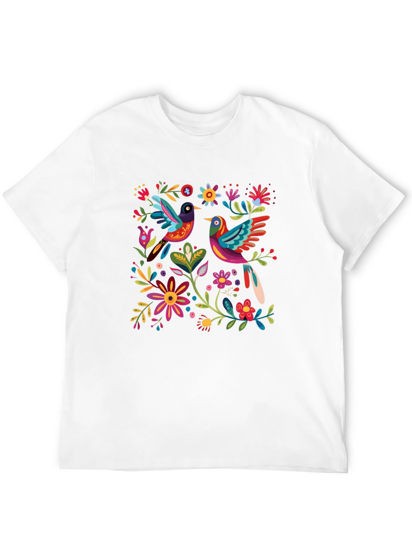 Floral Birds Graphic Tee - Black Cotton T-Shirt