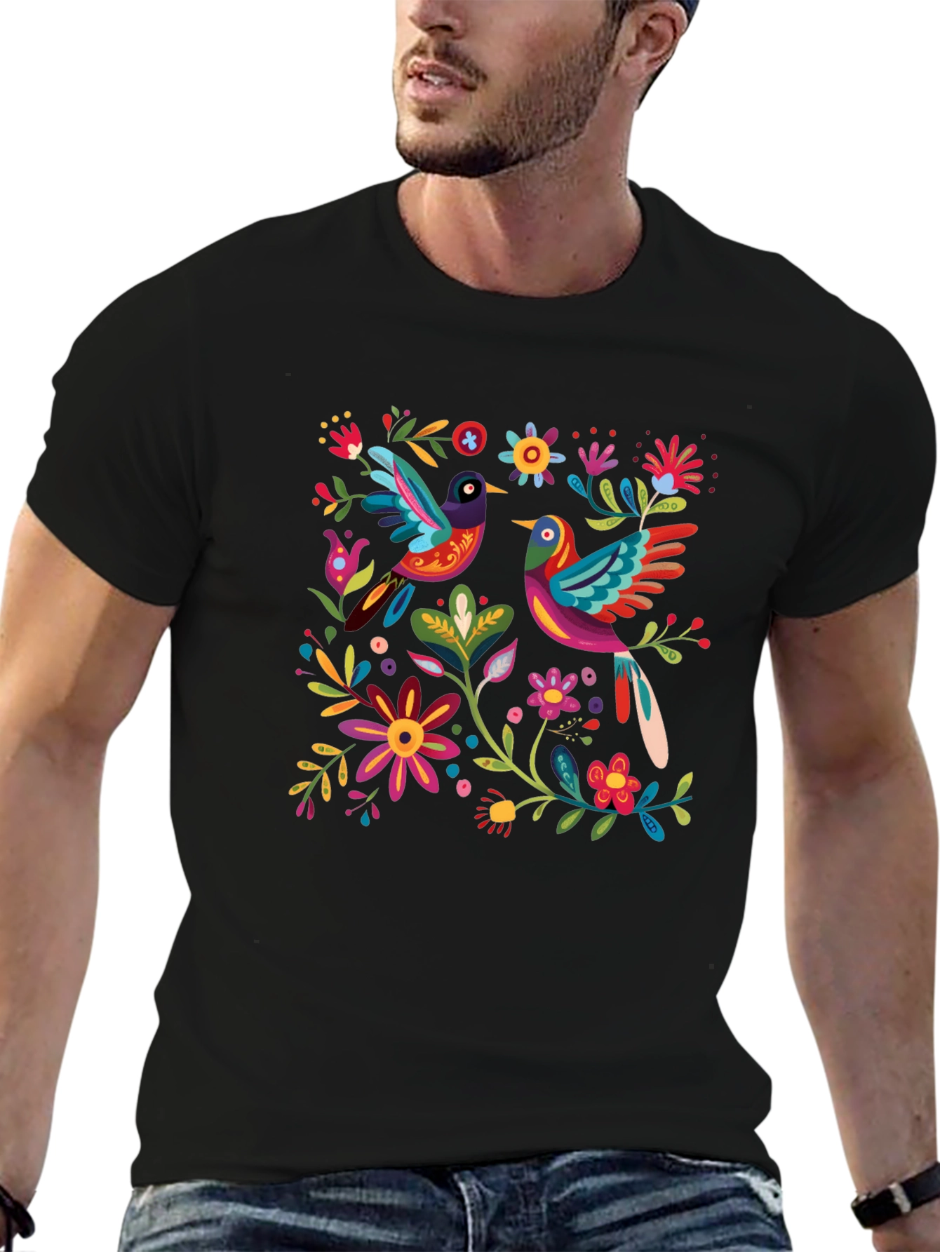 Floral Birds Graphic Tee - Black Cotton T-Shirt