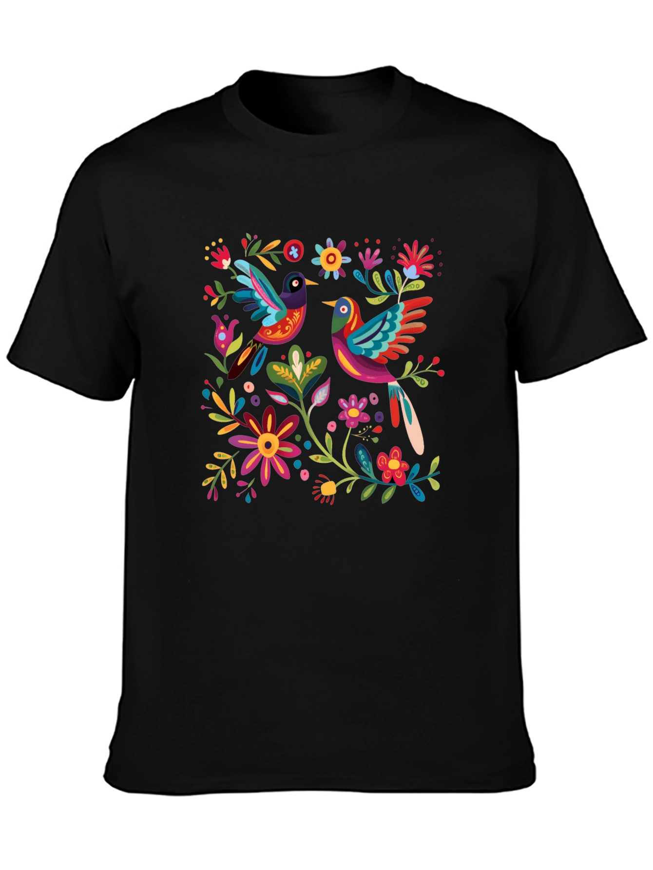 Floral Birds Graphic Tee - Black Cotton T-Shirt