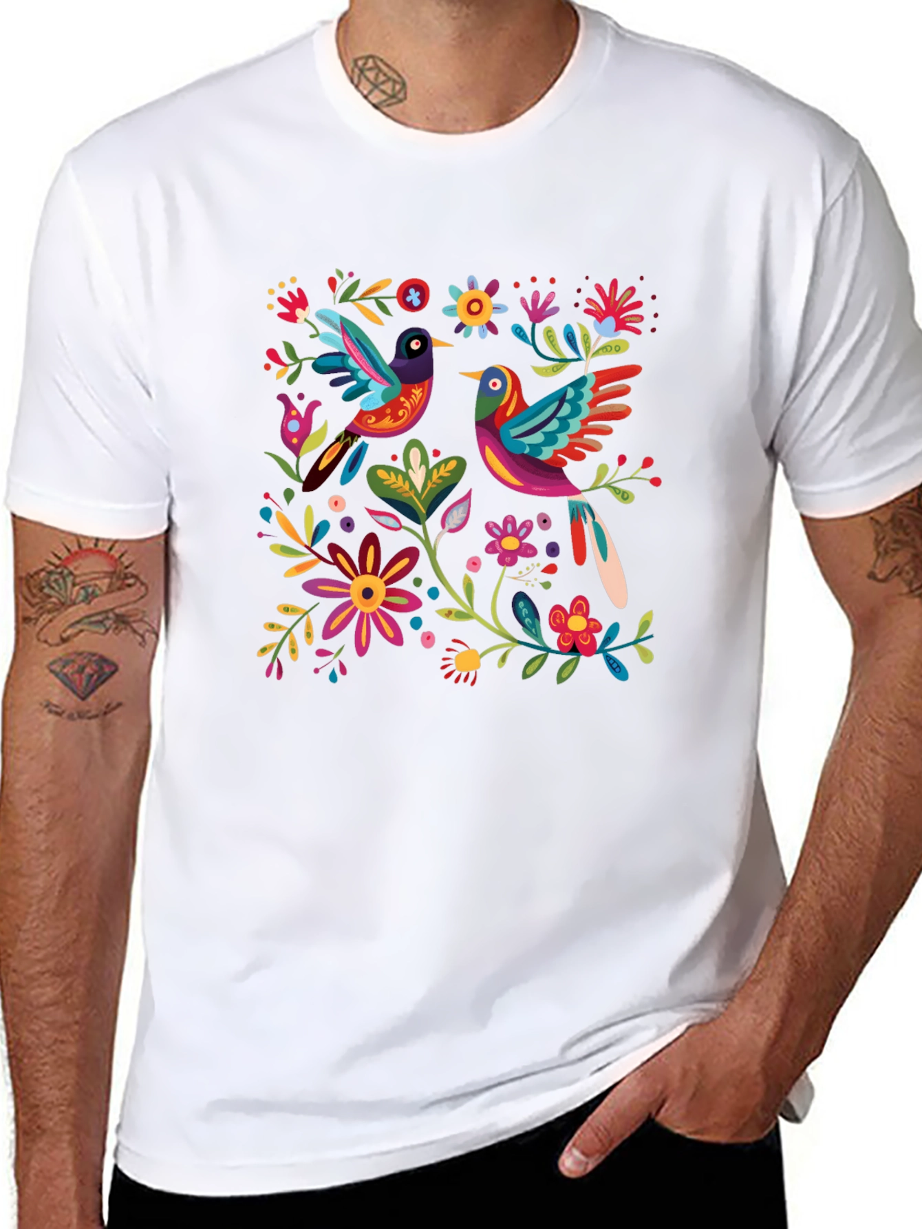 Floral Birds Graphic Tee - Black Cotton T-Shirt