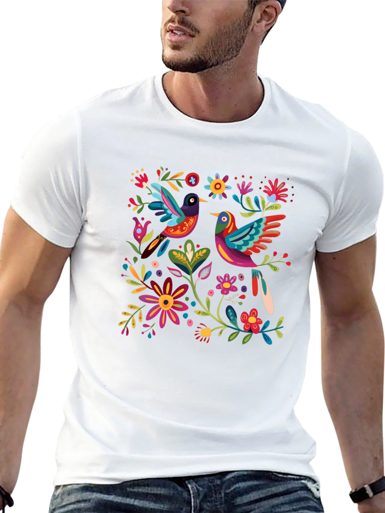 Floral Birds Graphic Tee - Black Cotton T-Shirt
