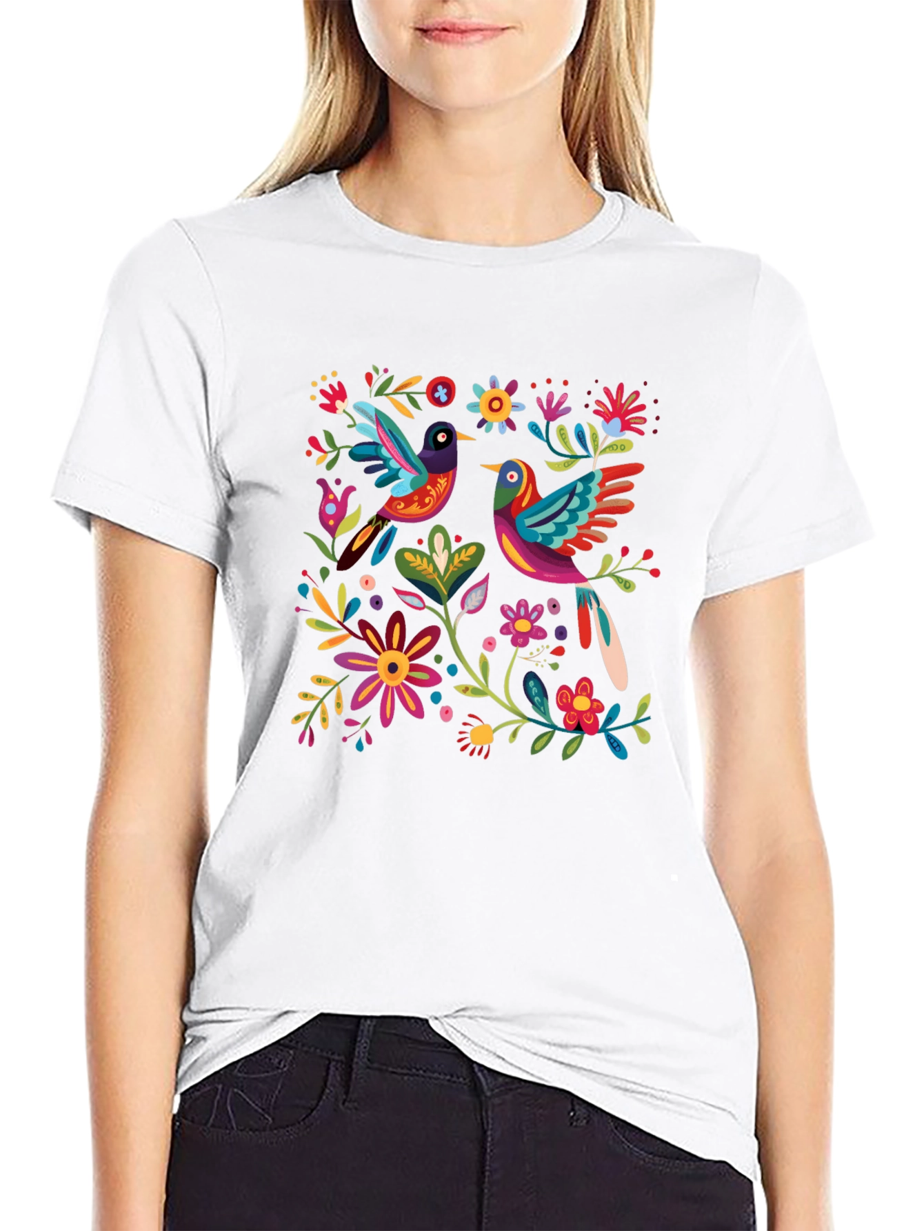 Floral Birds Graphic Tee - Black Cotton T-Shirt
