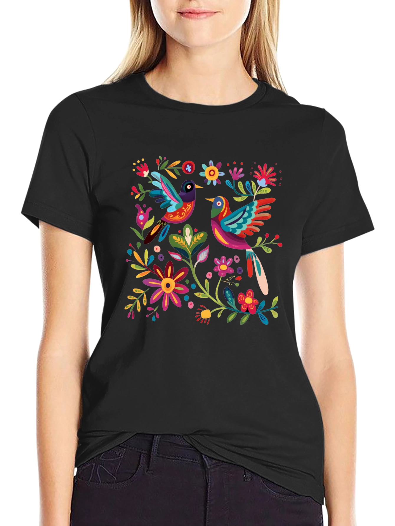 Floral Birds Graphic Tee - Black Cotton T-Shirt