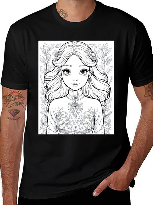 Floral Princess Coloring Page Black T-Shirt