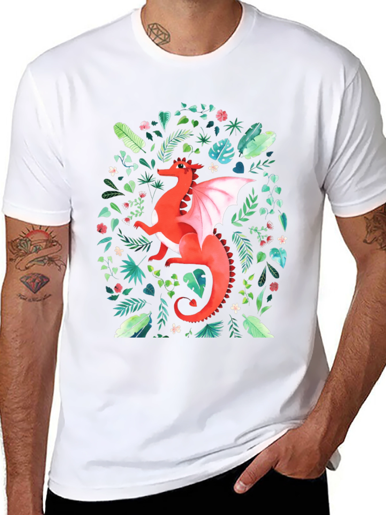 Red Dragon T-Shirt - Fantasy Floral Design