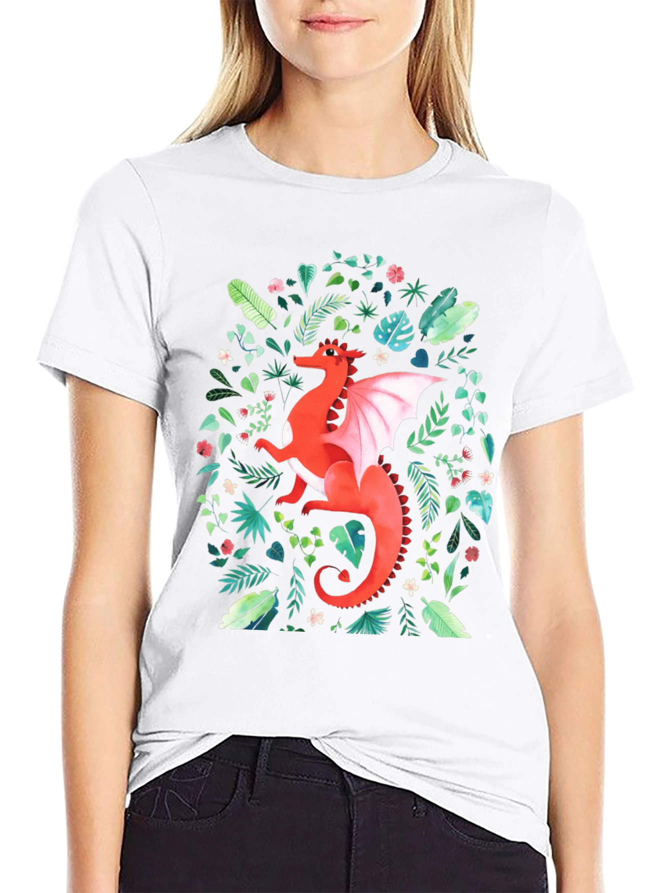 Red Dragon T-Shirt - Fantasy Floral Design