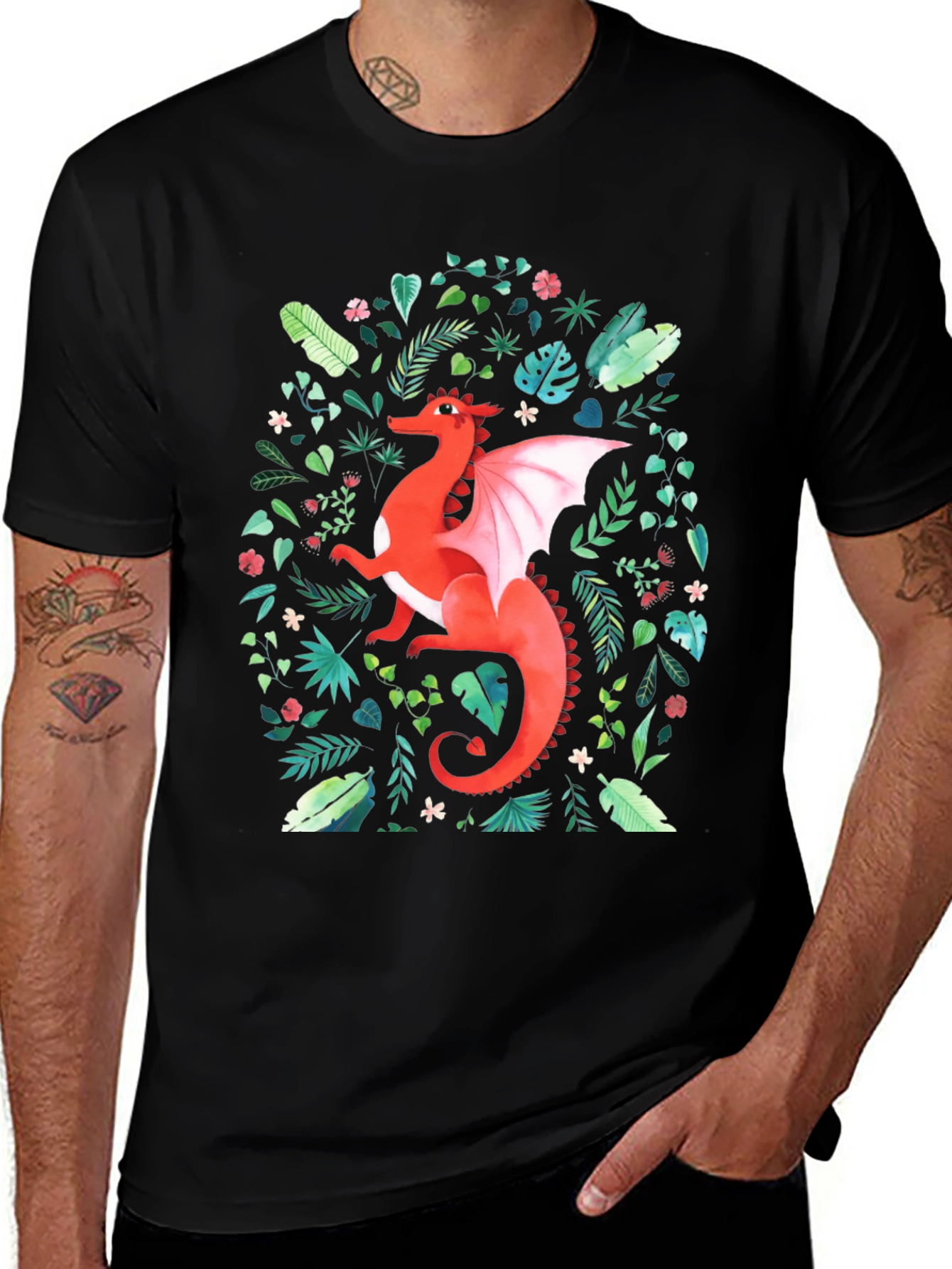 Red Dragon T-Shirt - Fantasy Floral Design