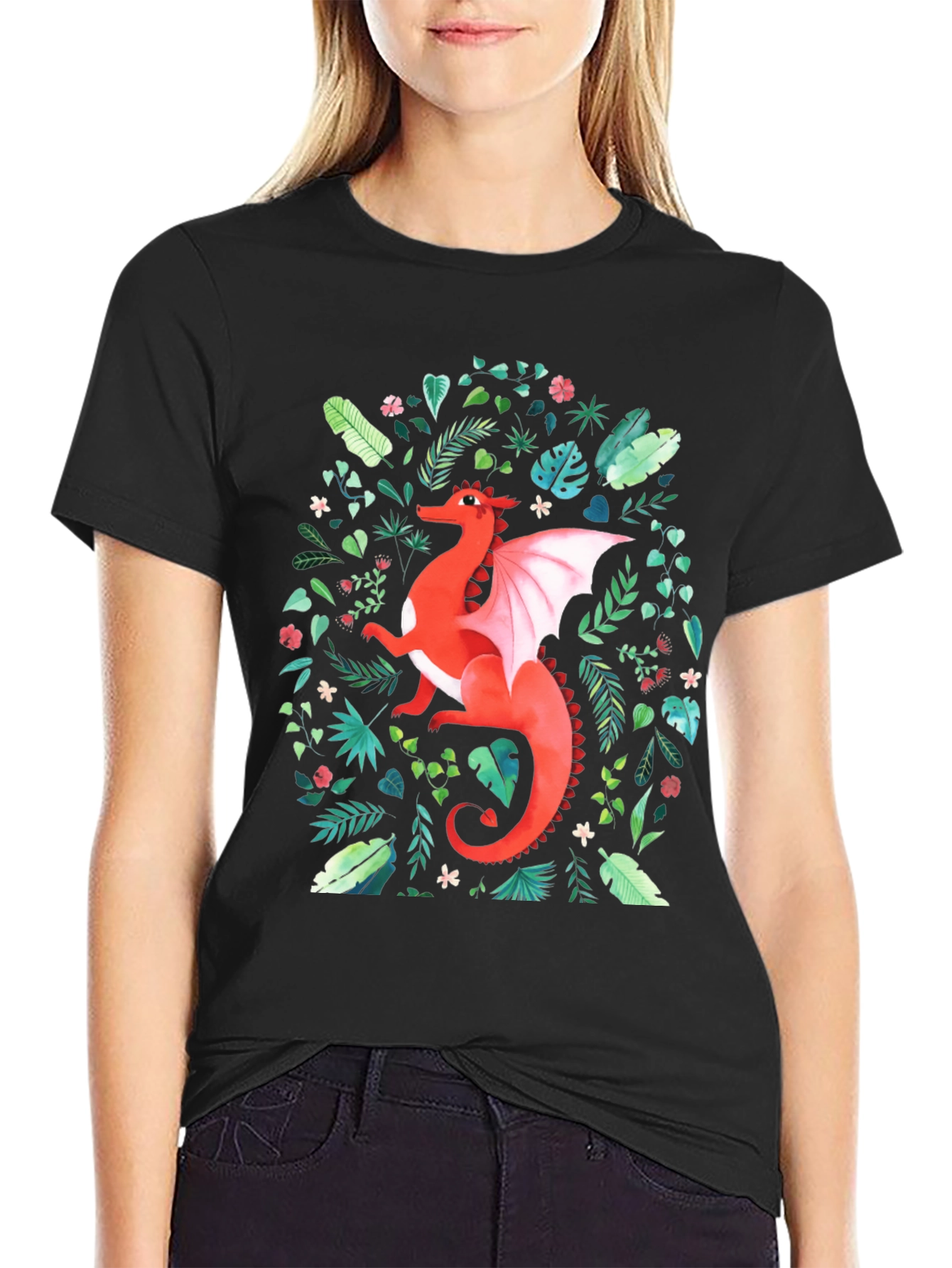 Red Dragon T-Shirt - Fantasy Floral Design