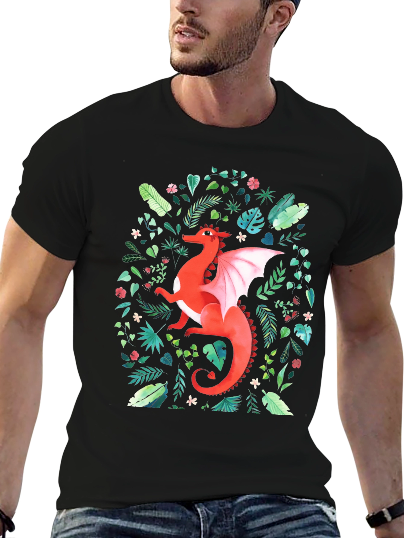 Red Dragon T-Shirt - Fantasy Floral Design