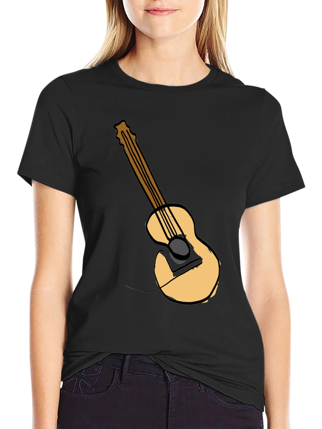Guitar Graphic Tee - Black Cotton Casual T-Shirt