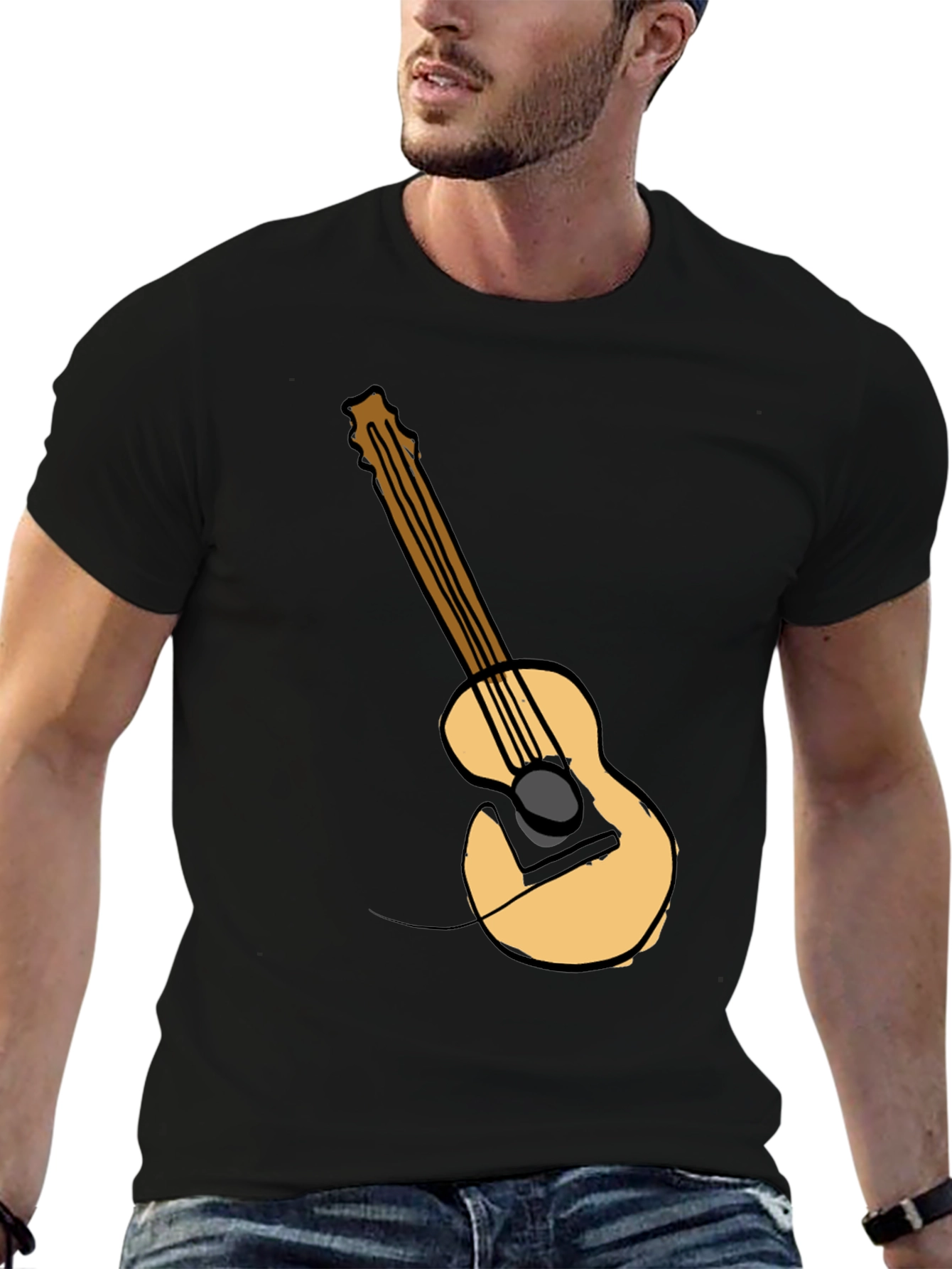 Guitar Graphic Tee - Black Cotton Casual T-Shirt