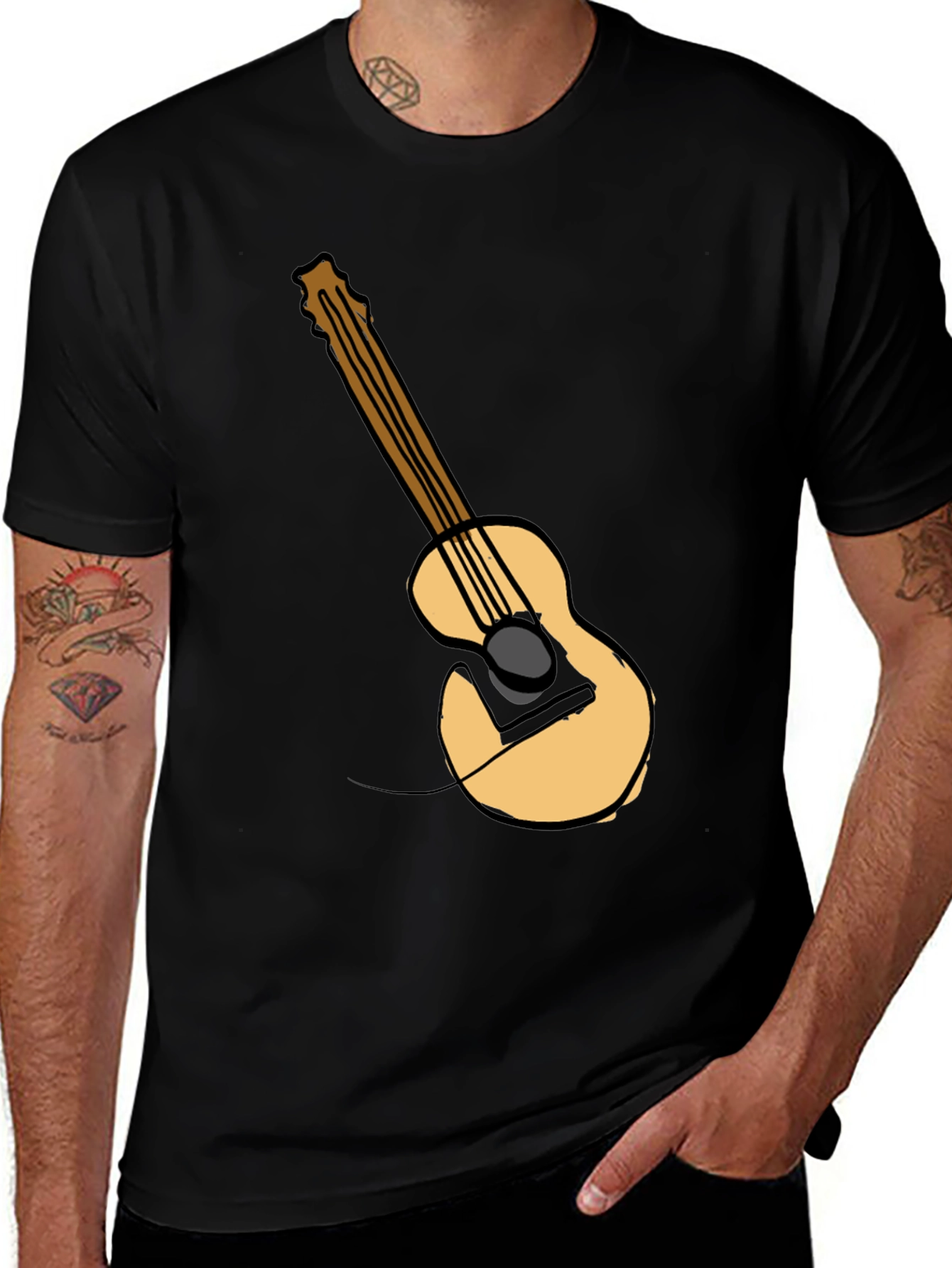 Guitar Graphic Tee - Black Cotton Casual T-Shirt