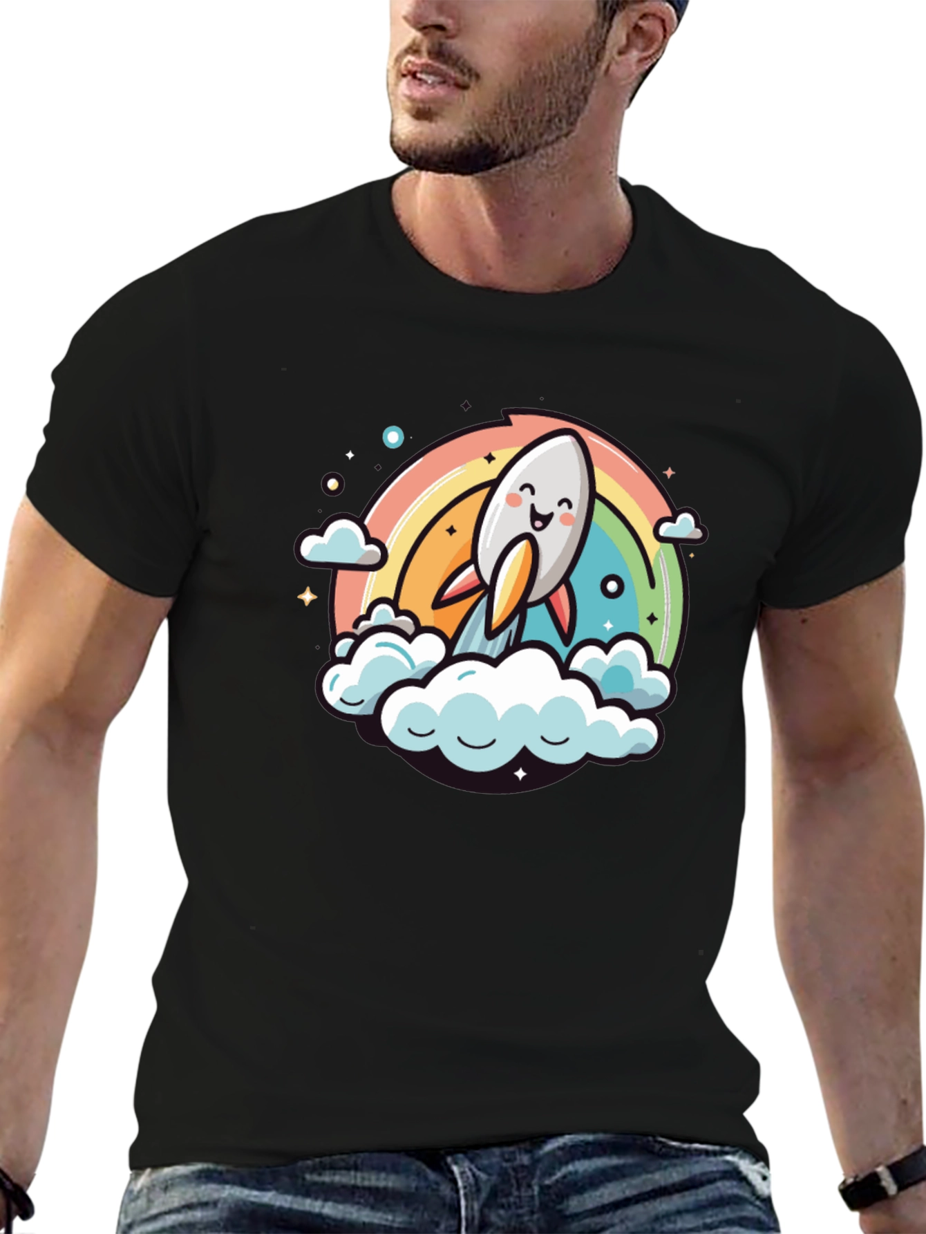 Cute Cartoon Rocket Rainbow T-Shirt
