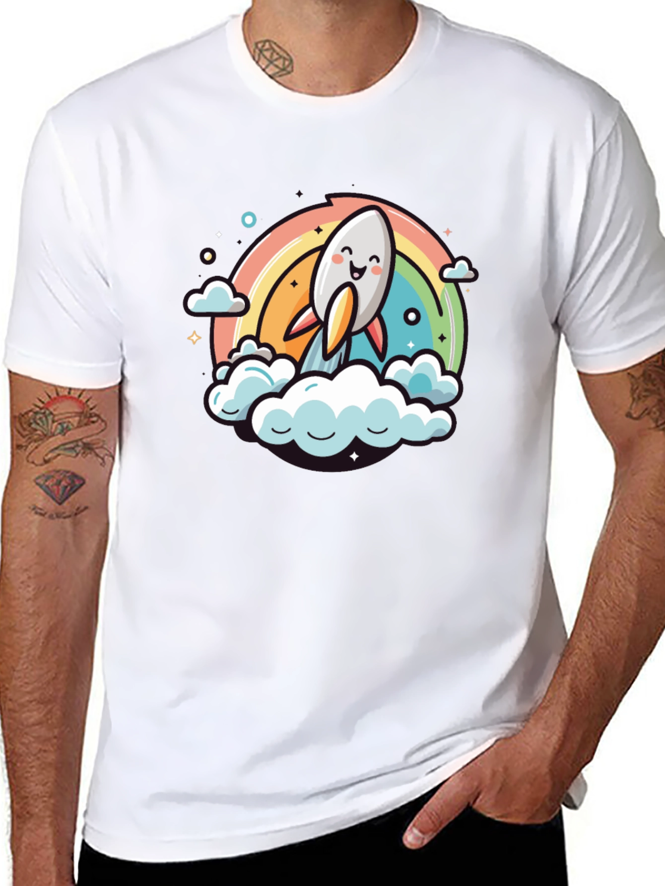 Cute Cartoon Rocket Rainbow T-Shirt