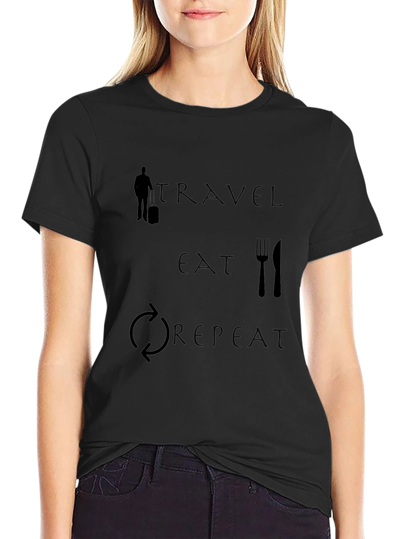 Travel Eat Repeat Graphic Tee - Black Cotton T-Shirt