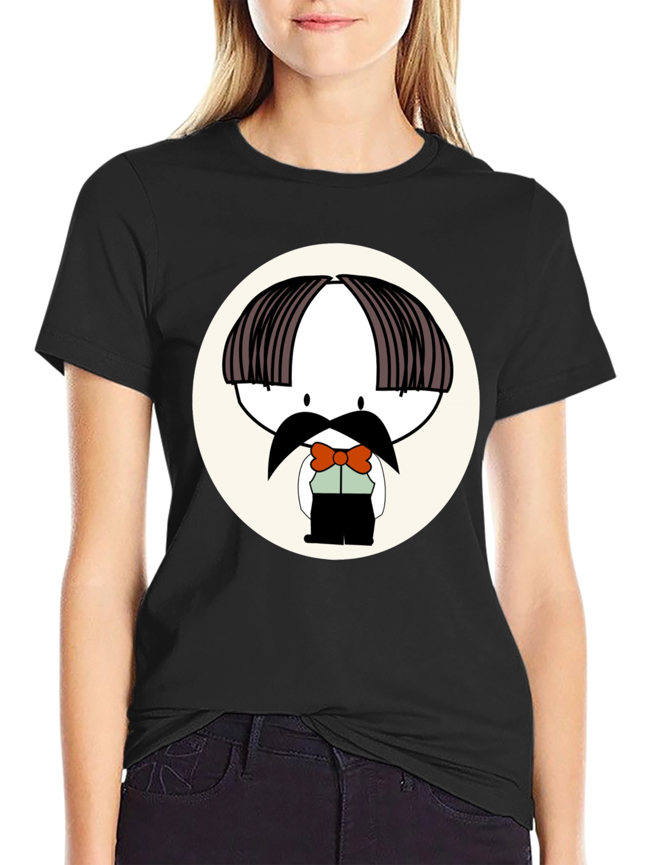 Cartoon Moustache Character Black T-Shirt
