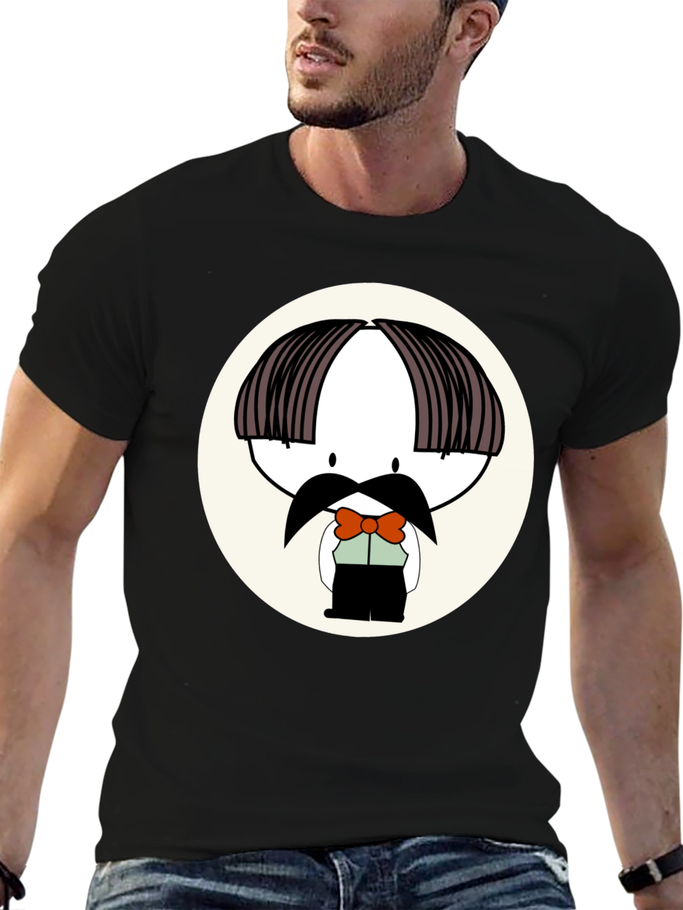 Cartoon Moustache Character Black T-Shirt