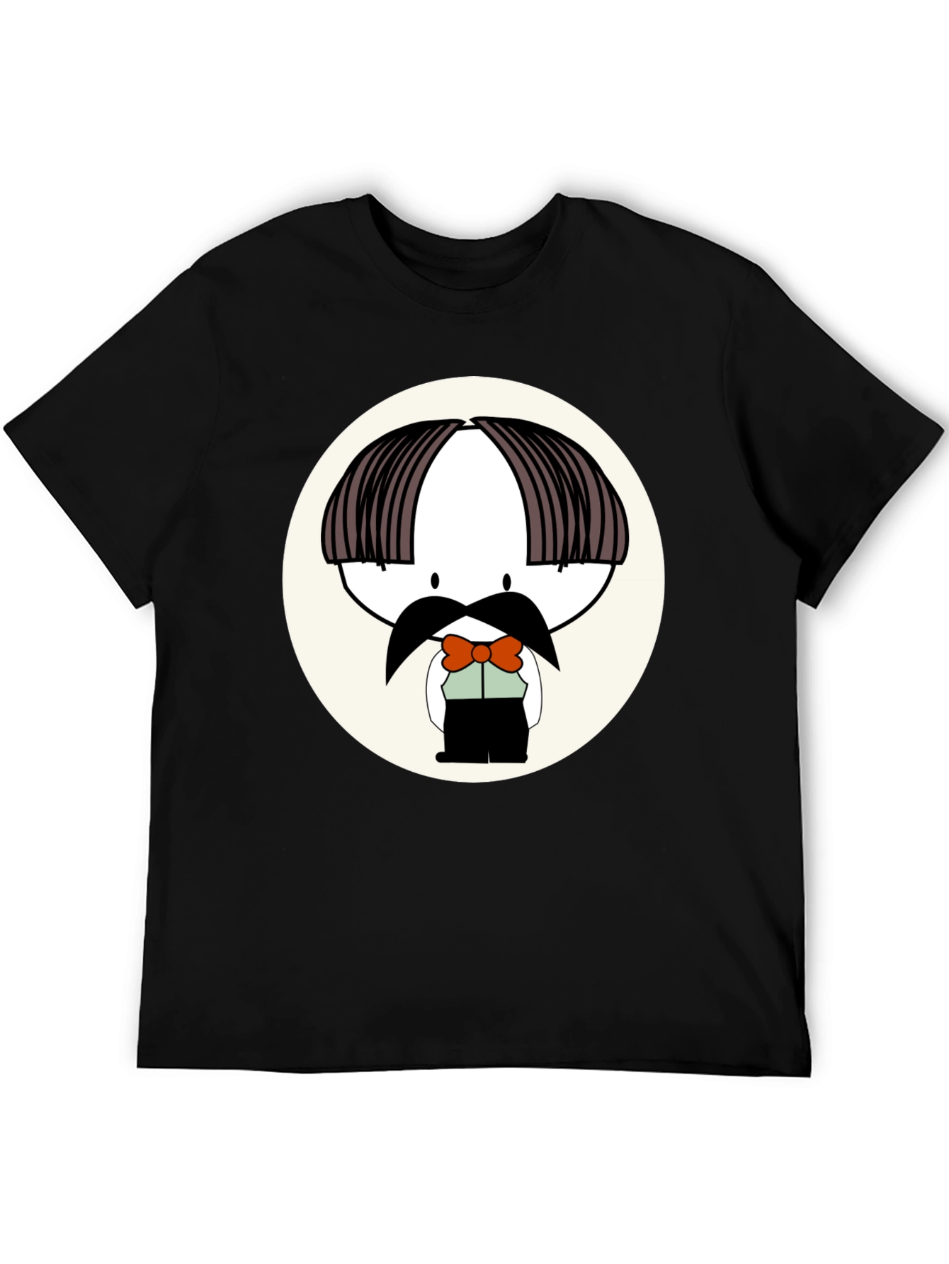 Cartoon Moustache Character Black T-Shirt