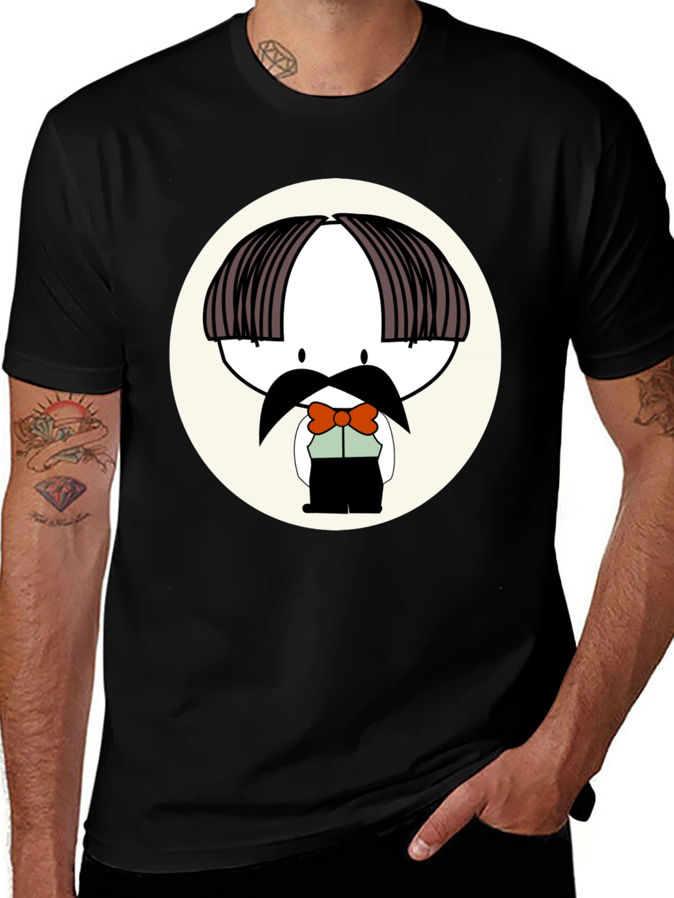 Cartoon Moustache Character Black T-Shirt